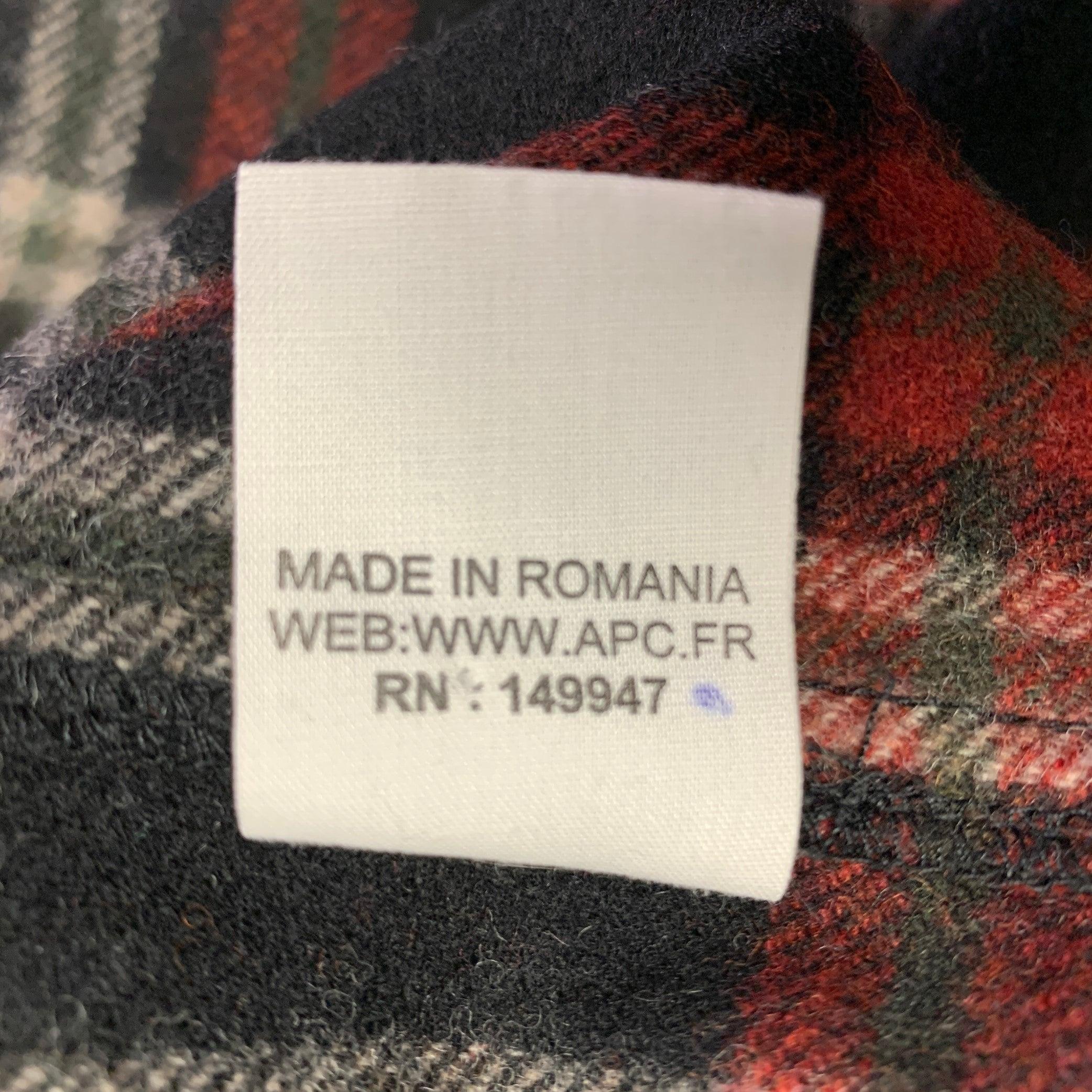 A.P.C. Size XXL Black Red Plaid Wool Blend One Pocket Long Sleeve Shirt For Sale 2