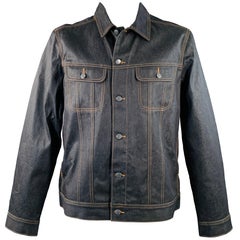 A.P.C. Size XXL Blue Contrast Stitch Waxed Cotton Trucker Jacket A.P.C. Size XXL Blue Contrast Stitch Waxed Cotton Trucker Jacket