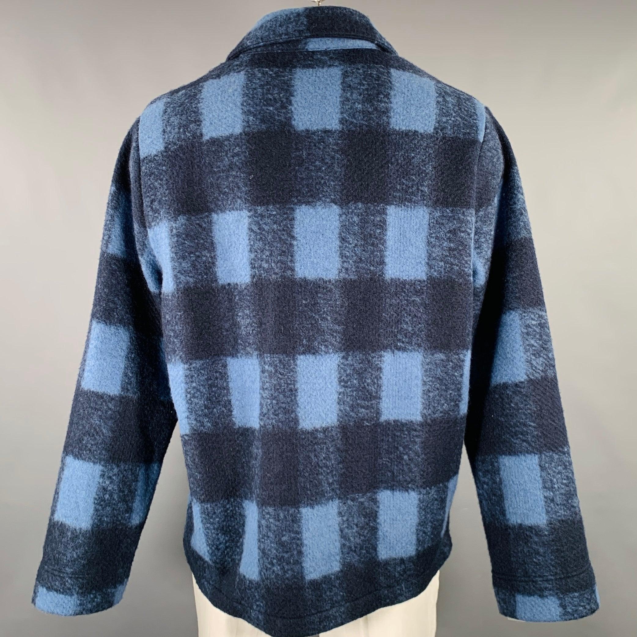 A.P.C. Size XXL Navy Blue Plaid Polyester Wool Shirt Jacket In Excellent Condition For Sale In San Francisco, CA