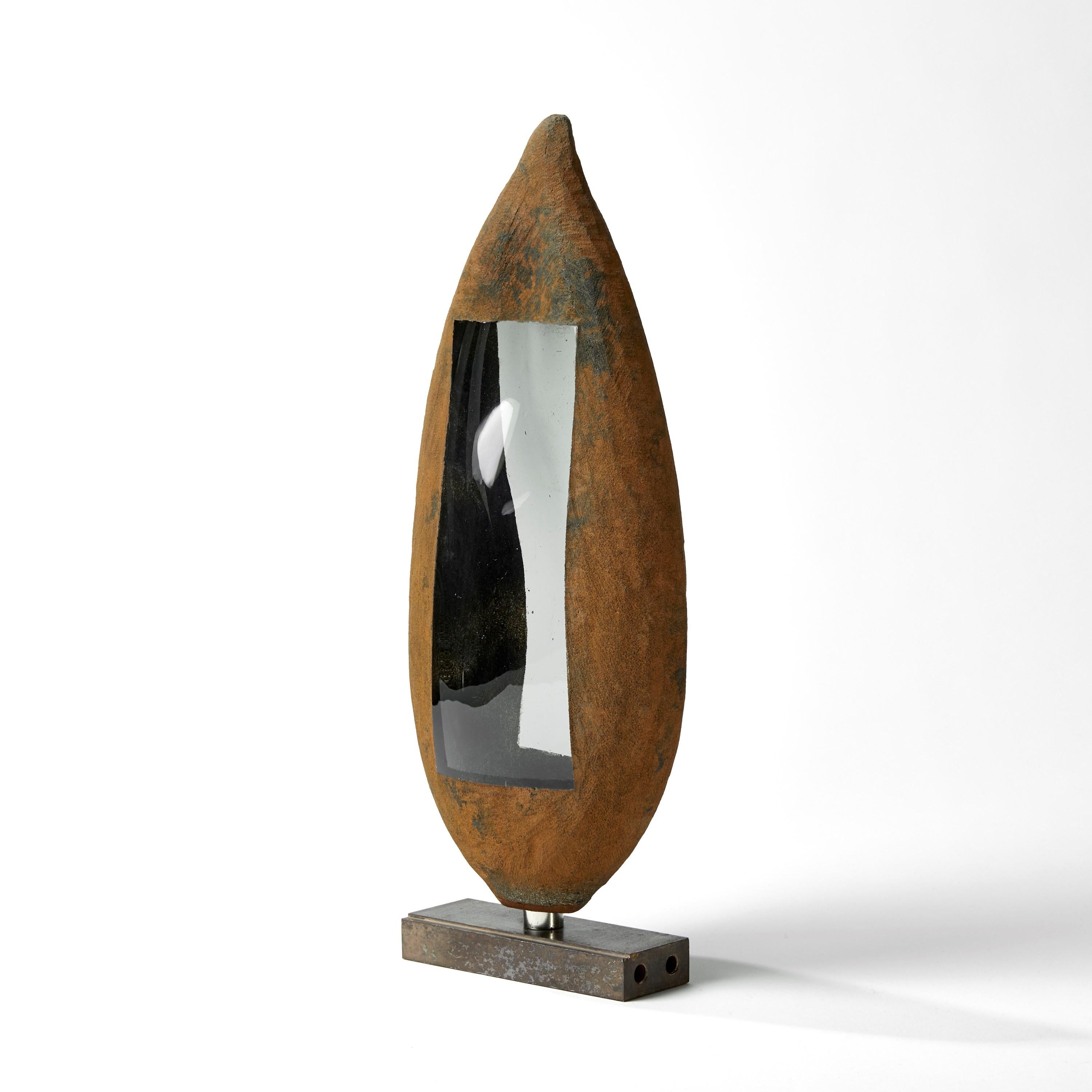 British Apertura Slate 04, Grey & Rust Glass and Steel Abstract Sculpture by Jon Lewis For Sale