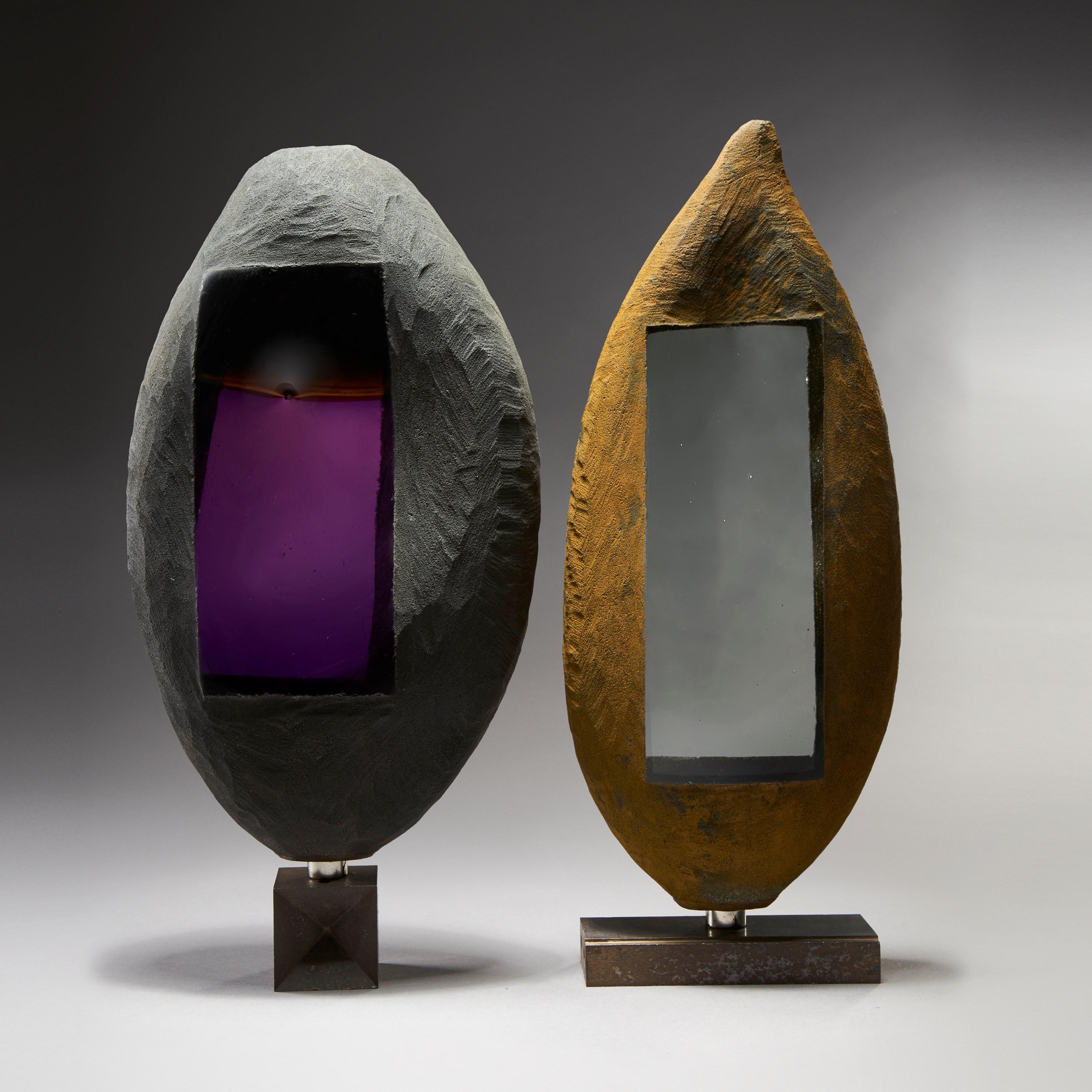 Contemporary Apertura Slate 04, Grey & Rust Glass and Steel Abstract Sculpture by Jon Lewis For Sale