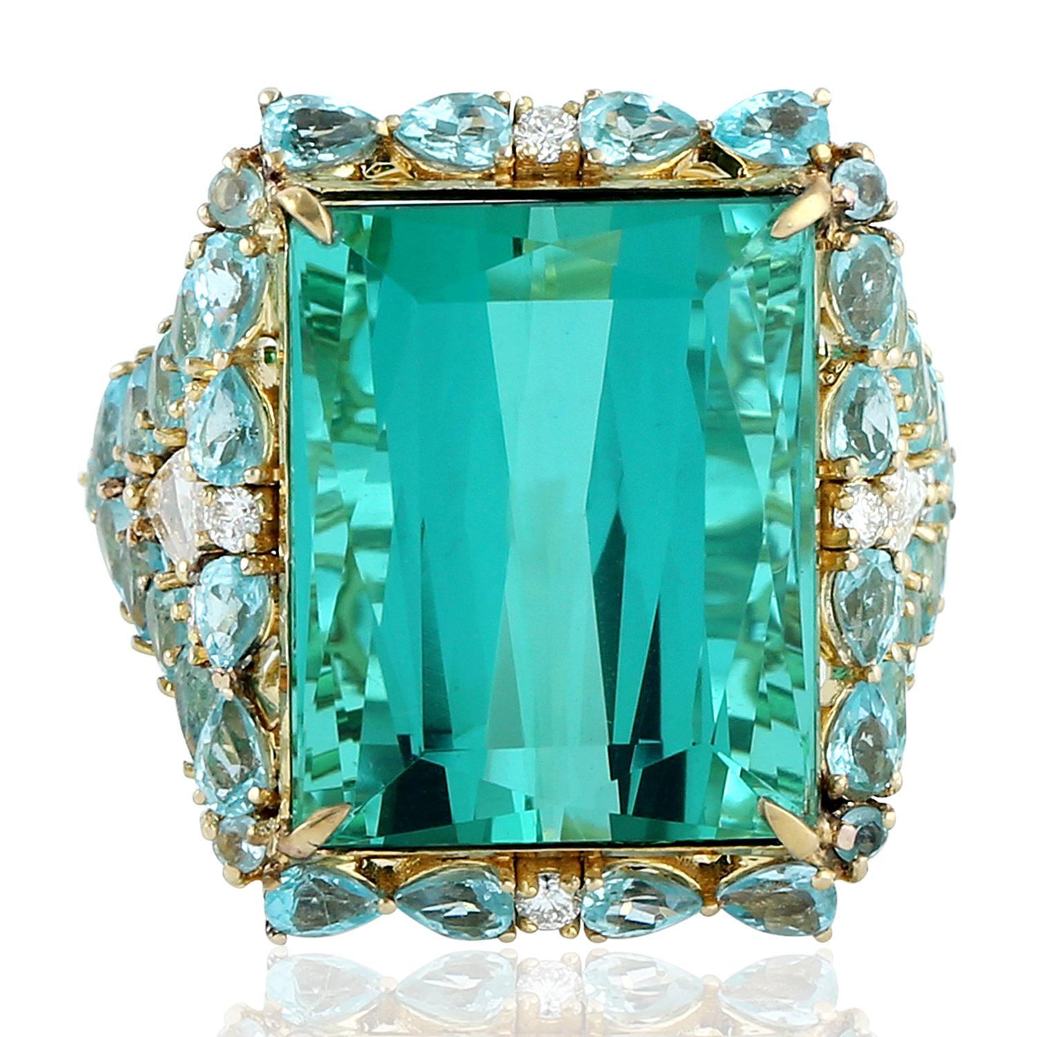 Princess Cut Apetite Tourmaline Diamond Ring in 18 Karat Yellow Gold