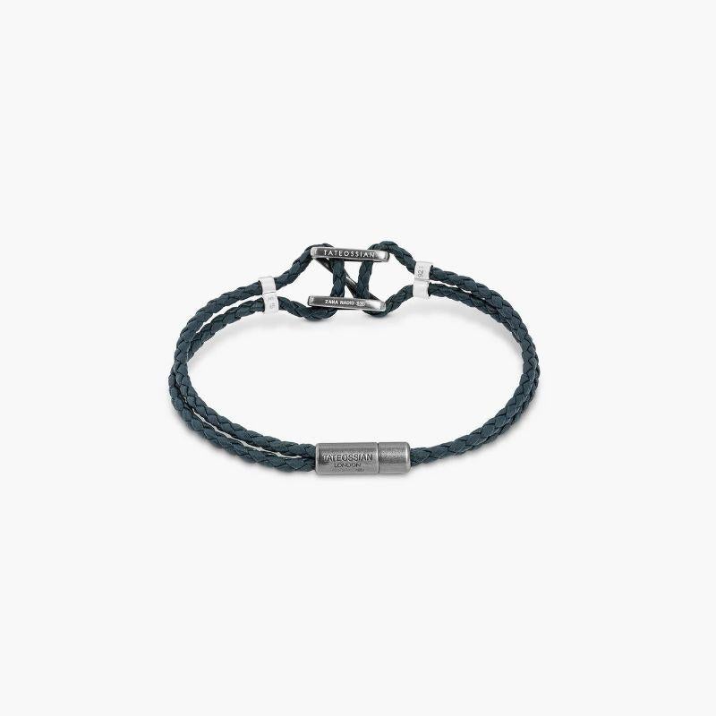 Apex Bracelet in Ruthenium Plated Sterling Silver with Black Leather

These men's leather bracelets feature a cast wireframe centre piece threaded with leather and finished with a classic pop clasp. The navy hue of the genuine Italian leather