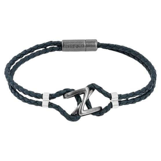 Apex Bracelet in Ruthenium Plated Sterling Silver with Black Leather For Sale