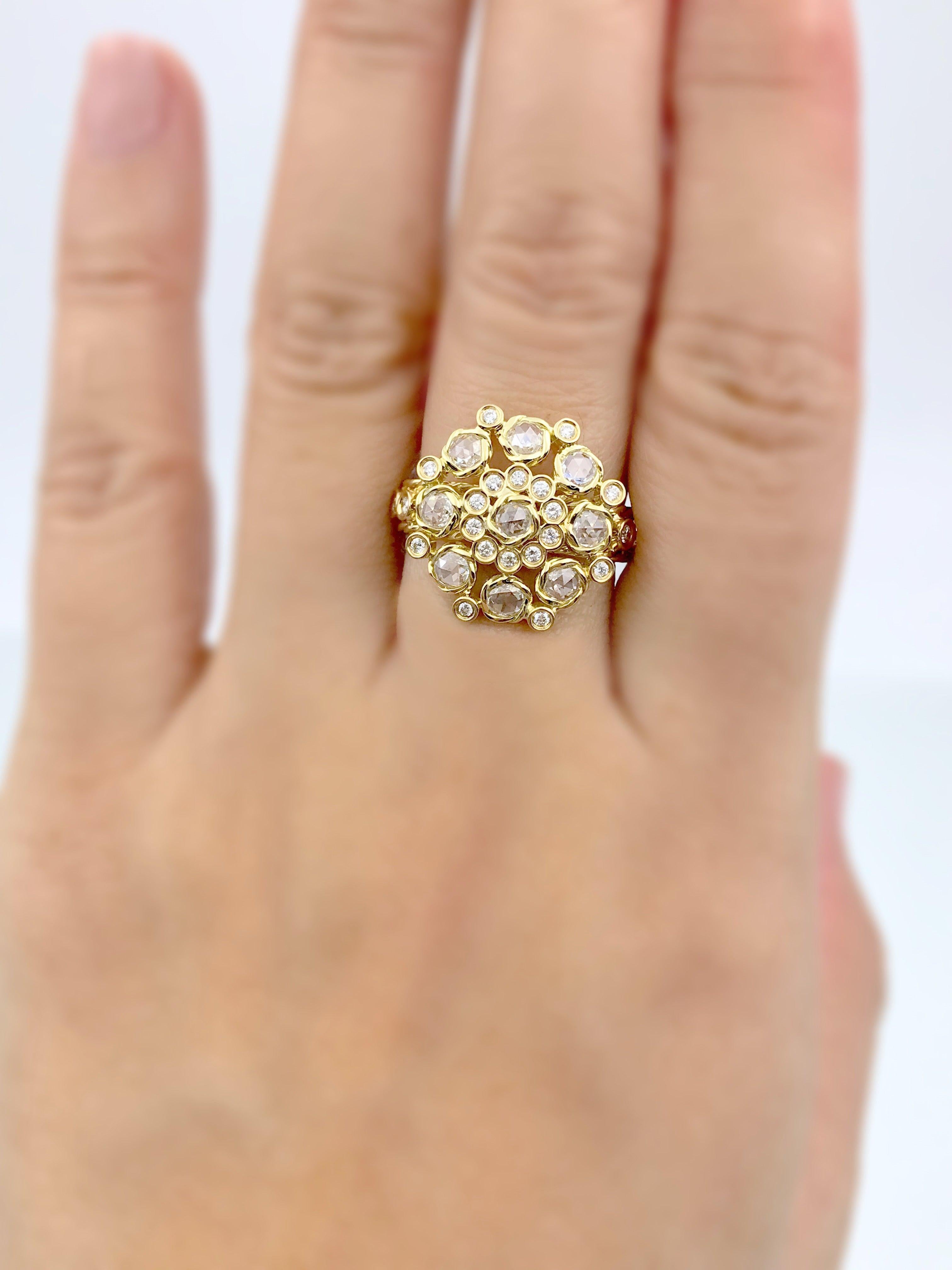 For Sale:  Aphrodite 18K Gold Rose Cut Diamond Cluster Cocktail Ring in-Stock 6