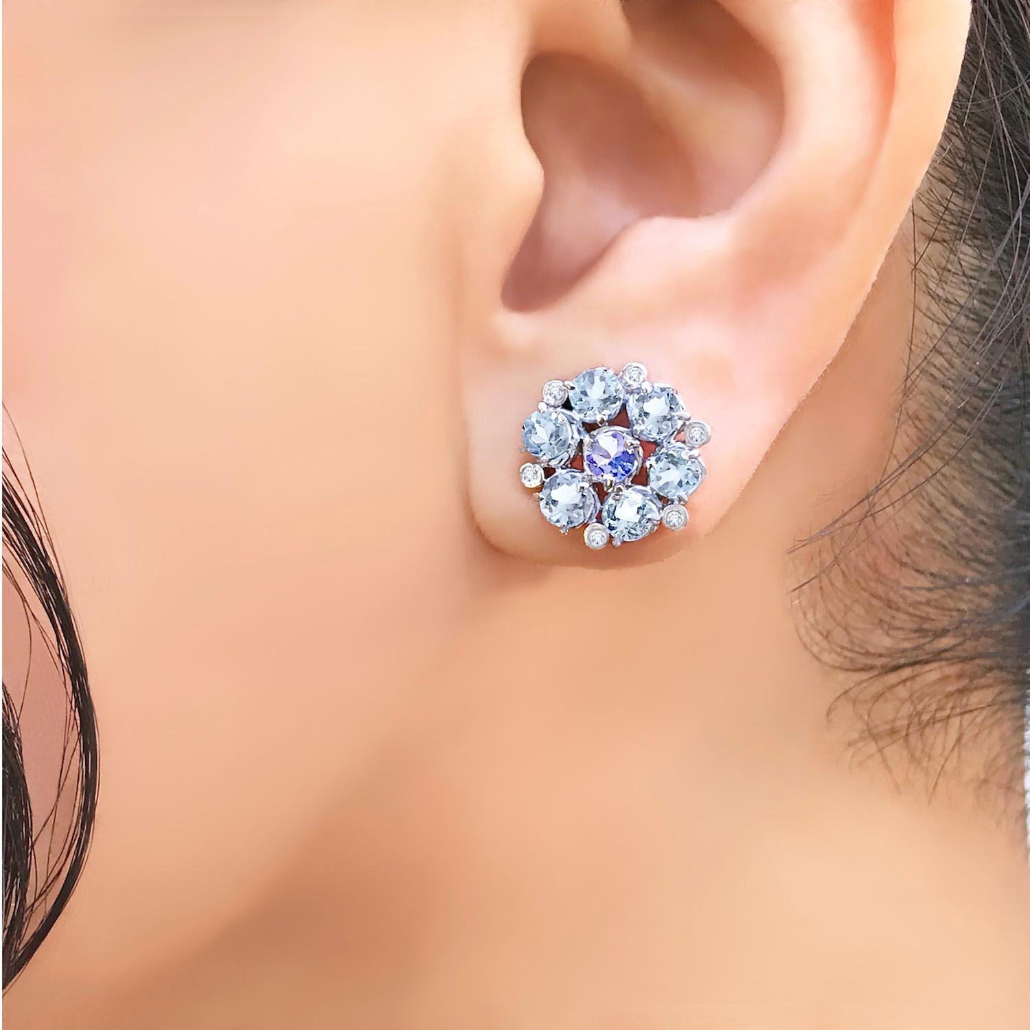 Aphrodite Aquamarine and Tanzanite Bouquet Cluster Studs with diamond accents – the perfect statement stud. Wear these on an evening out for some added sparkle, or elevate your everyday, classic stud. Post secure with friction ear backing. Made to