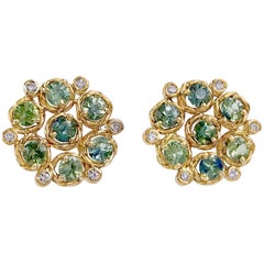 Aphrodite Green Sapphire and Diamond Bouquet Cluster Studs 18 Karat