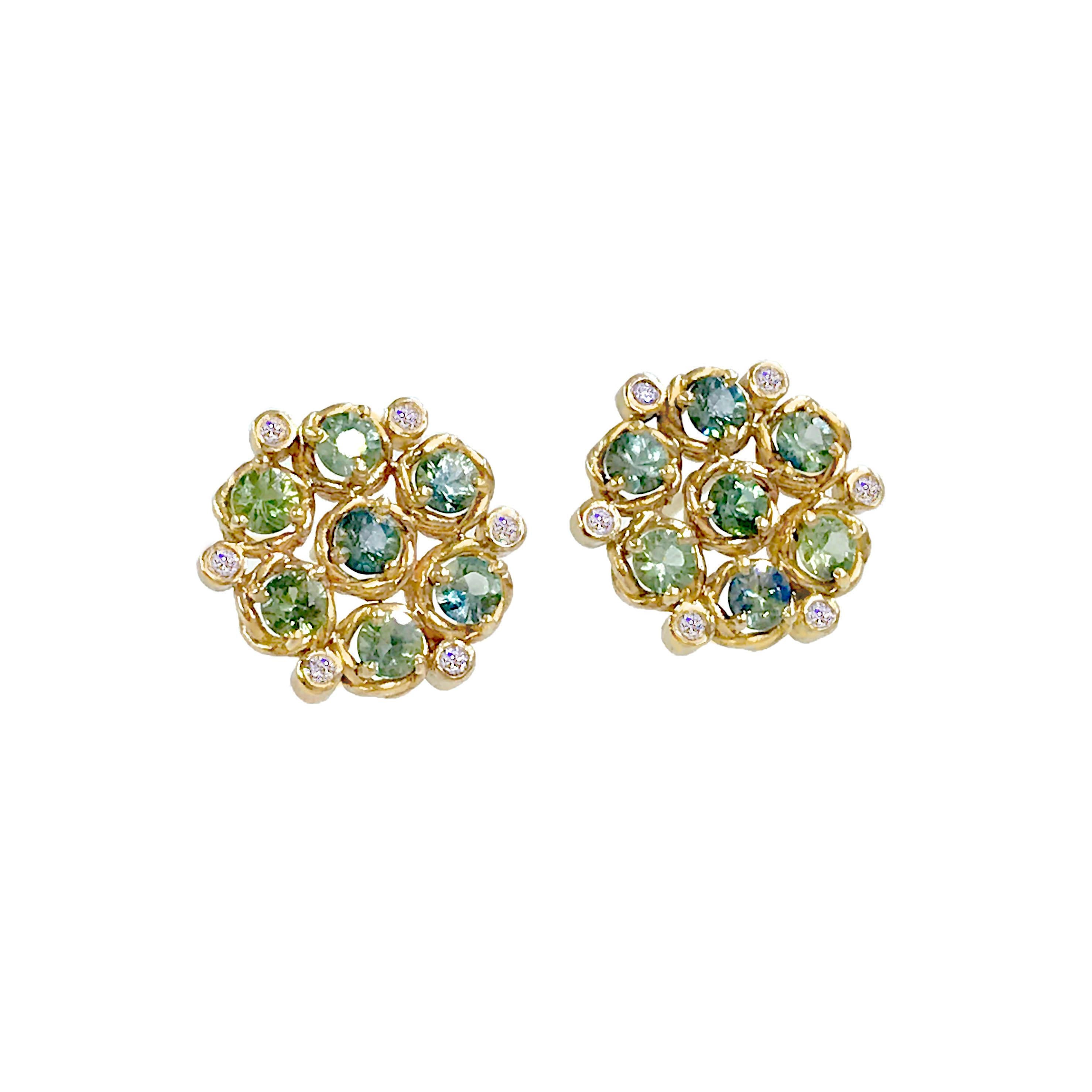 Aphrodite Green Sapphire Bouquet Cluster Studs – the perfect statement stud. Wear these on an evening out for some added sparkle, or simply elevate your everyday, classic stud. Post secure with friction ear backing. Made to order in 18k, in your