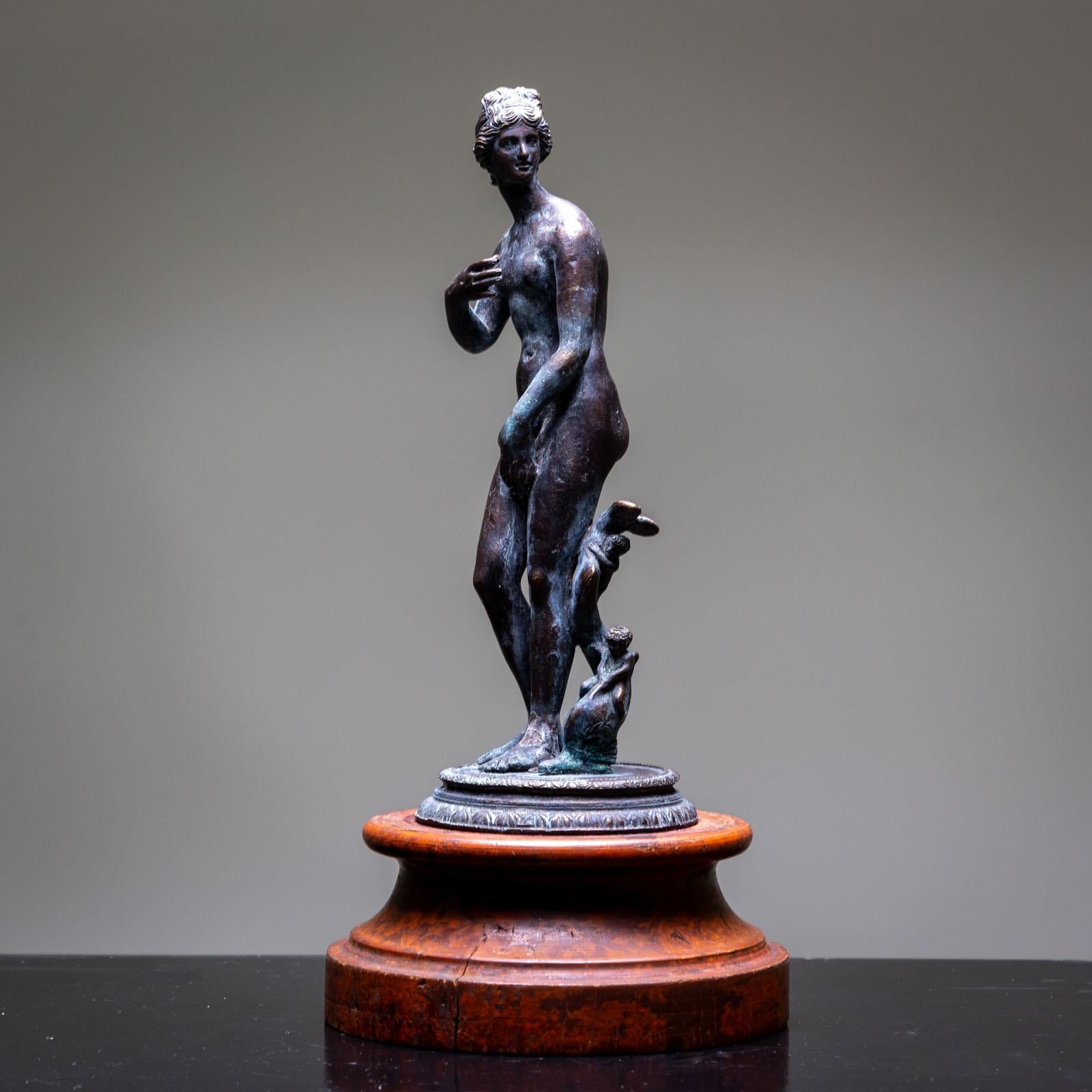 Kleine italienische Bronze von Aphrodite oder Venus auf einem patinierten Holzsockel. Größe der Statuette: 23 cm.