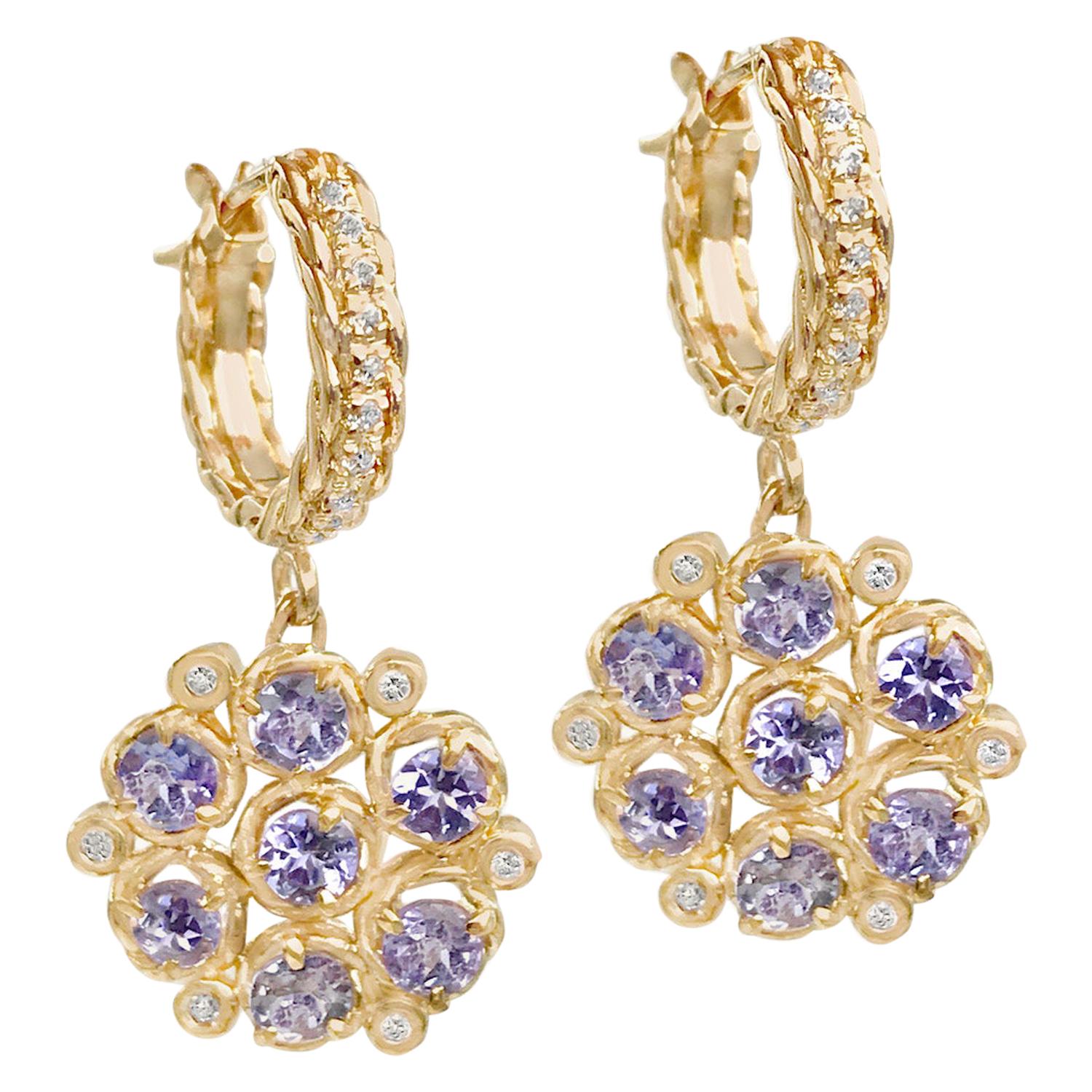 Aphrodite Tanzanite and Diamond Floral Dangle Earrings 18 Karat For Sale