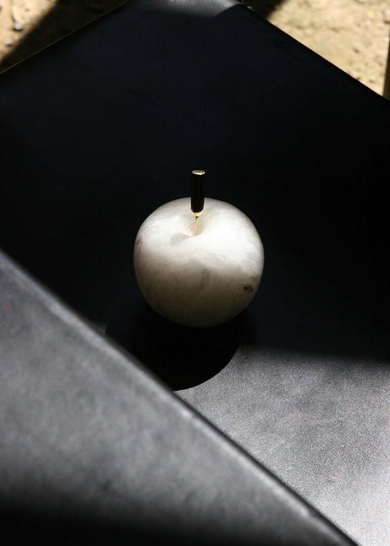 Edouard Sankowski individually sculpts these pieces with Alabaster he selects. Brass stem on Alabaster Core.

His wife and Edouard had been apple picking together, when she found one so beautiful she knew she could only admire it, and it would never