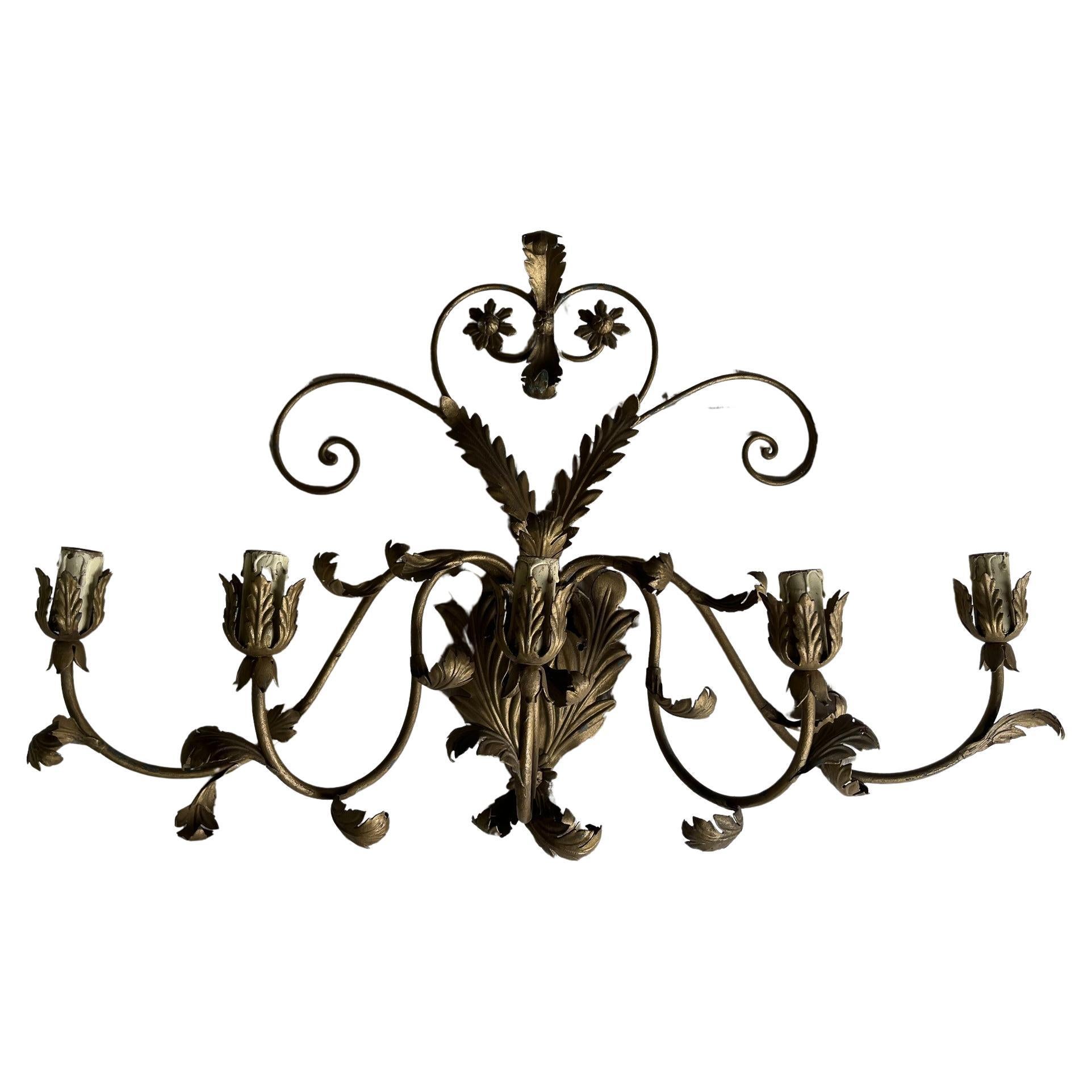 Aplique of 5 Fires in Wrought and Gilded Iron, Electrified, Portugal 30's For Sale
