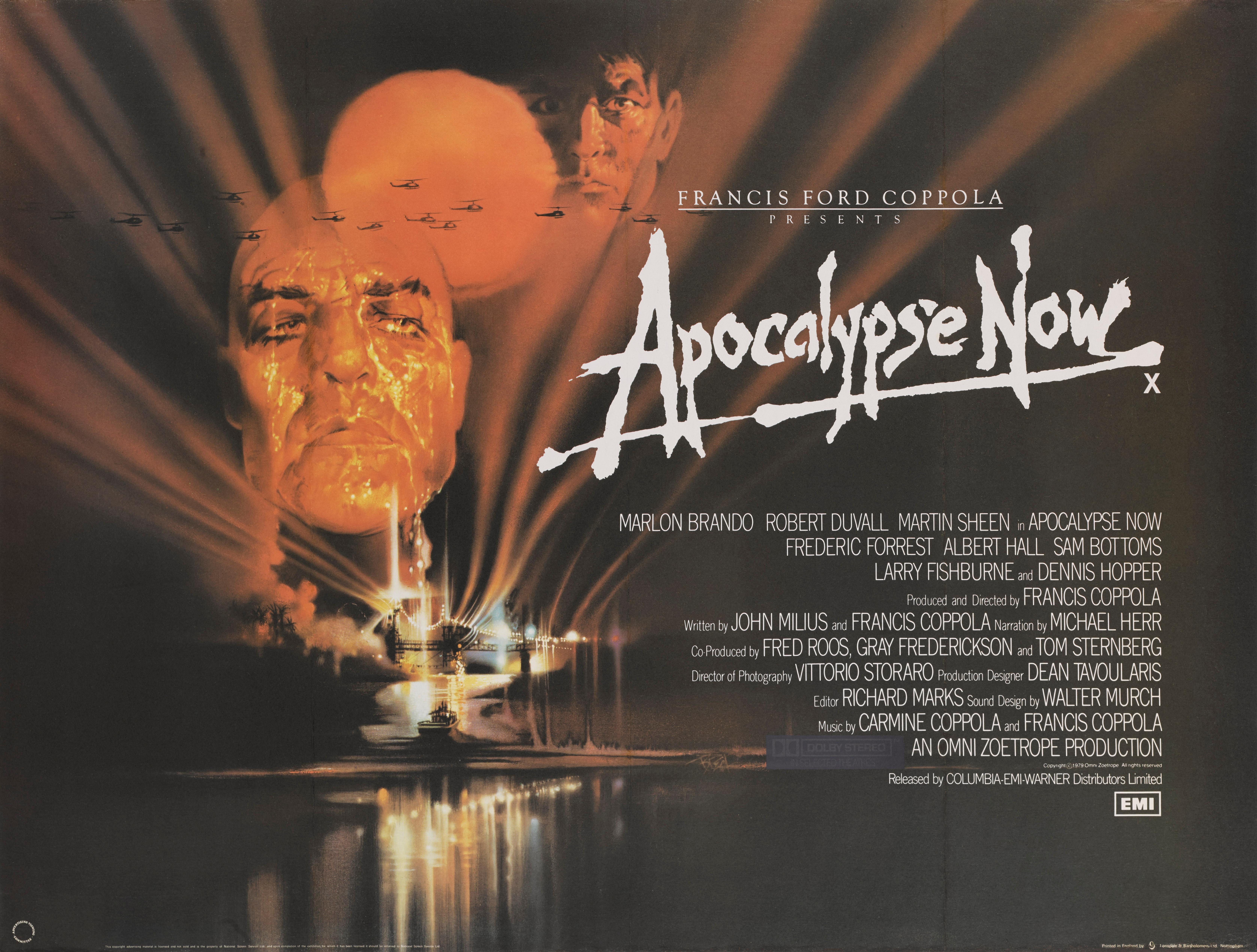 Apocalypse Now original British film poster for Marlon Brando, Martin Sheen and Robert Duvall's Classic 1979 Vietnam film directed by Francis Ford Coppola.
The poster artwork is by the famous American illustrator Bob Peak (1927-1992). This poster is