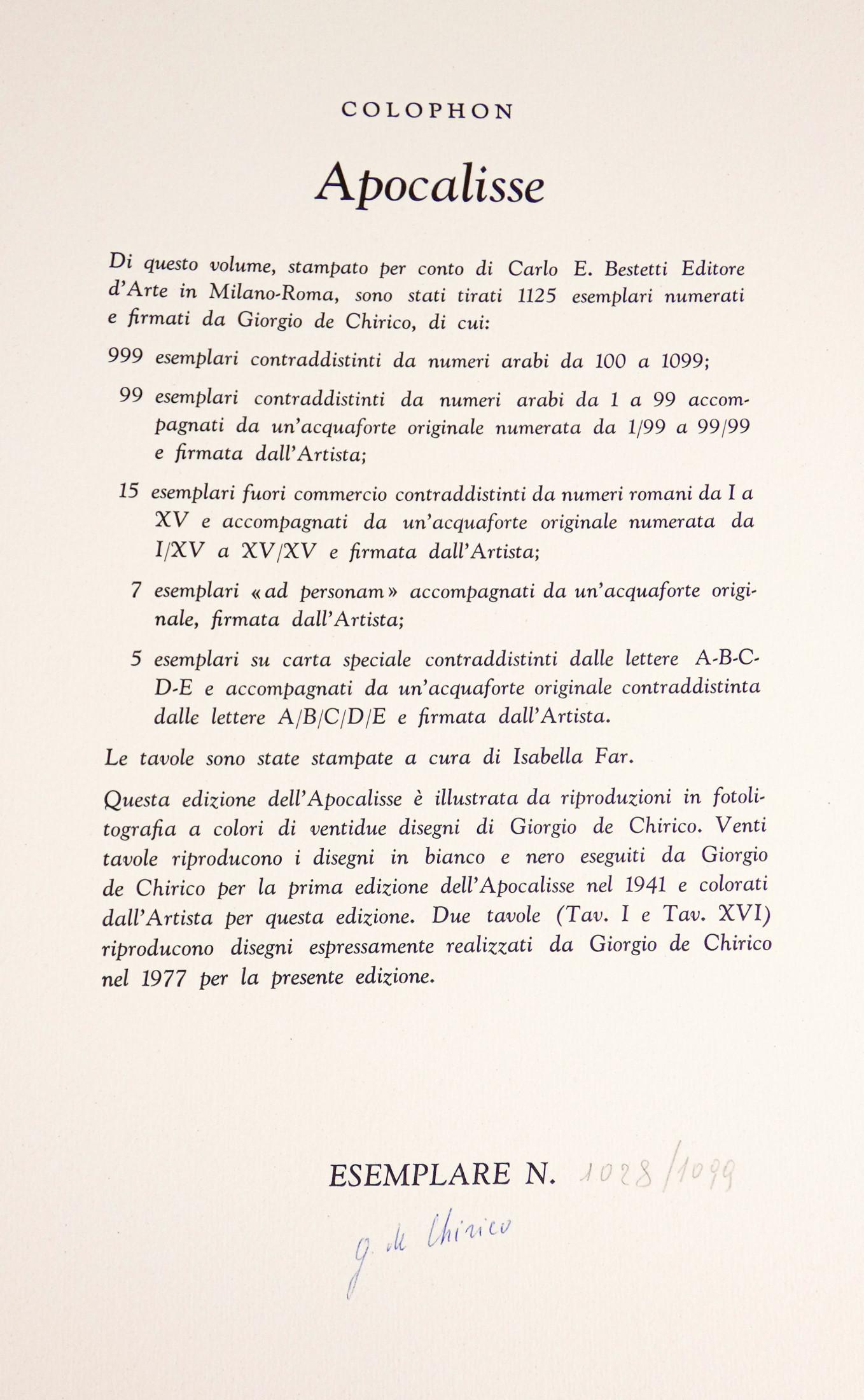 Apocalypse of S. John with 22 Drawings de Giorgio De Chirico, Autographié Bon état - En vente à Torino, IT