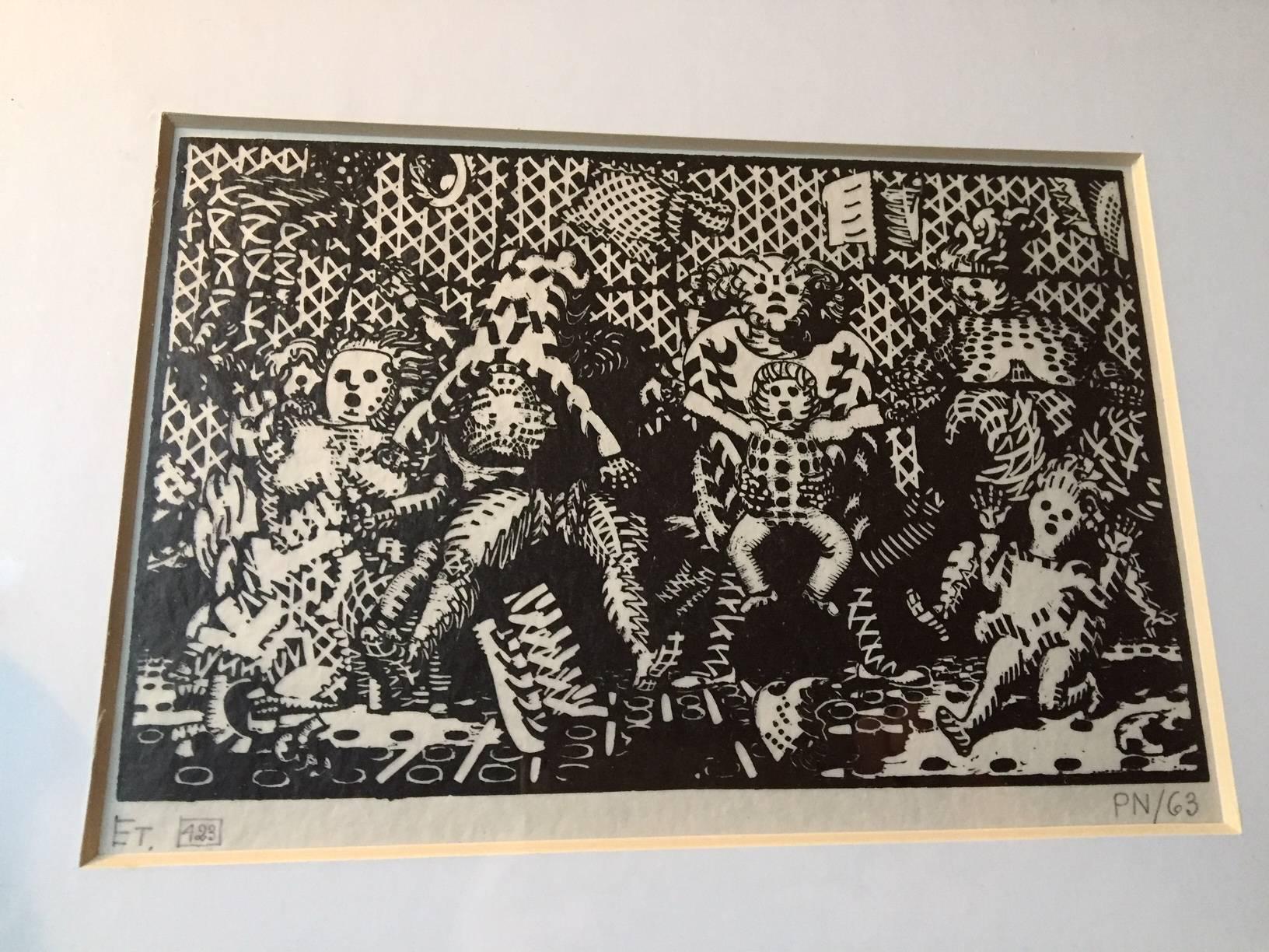 Apocalyptic Black and White Graphic Woodcut by Danish Artist Palle Nielsen, 1963 In Good Condition In Esbjerg, DK