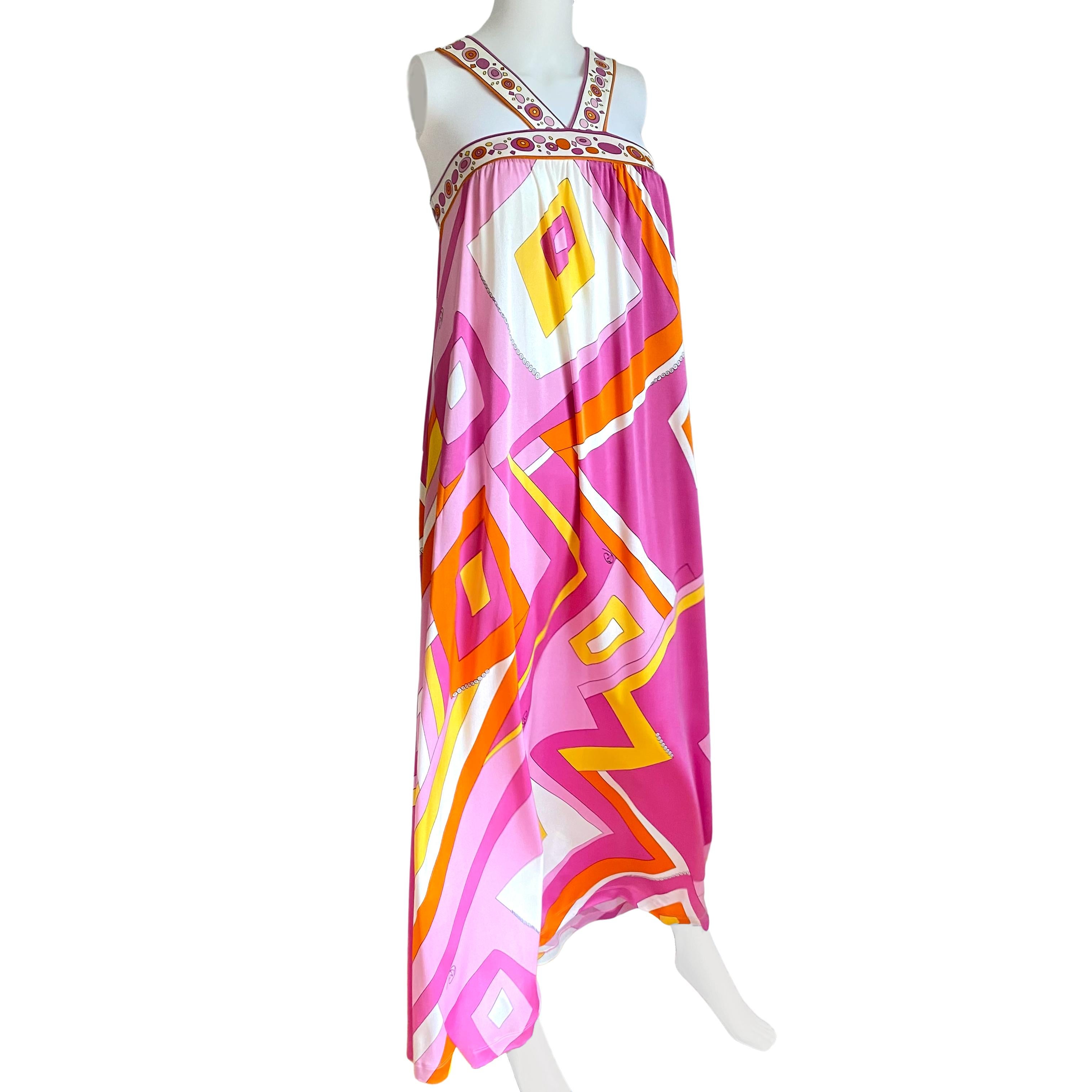 Breezy cool beautiful maxi dress in flattering pink yellow mixed deco print.
Wear it with a belt or as is. Dress it up or down.
Stretchy back band for a perfect fit. Generous skirt made with yards of luxurious pure silk jersey.
Label S. 
Condition: