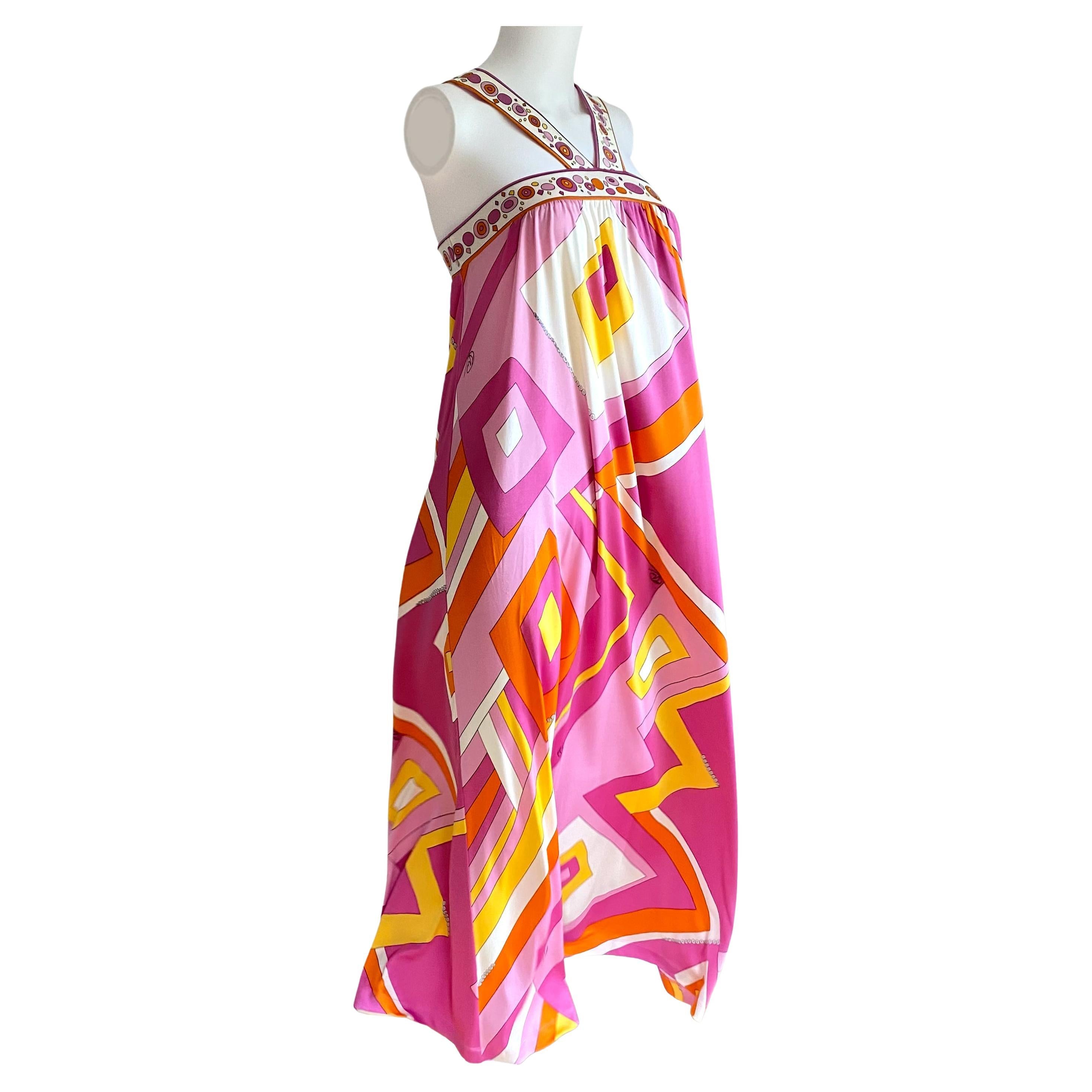 Apollina Maxi-Boho-Kleid aus Seidenjersey mit gemischtem Druck in Rosa und Gelb, neu mit Etikett 