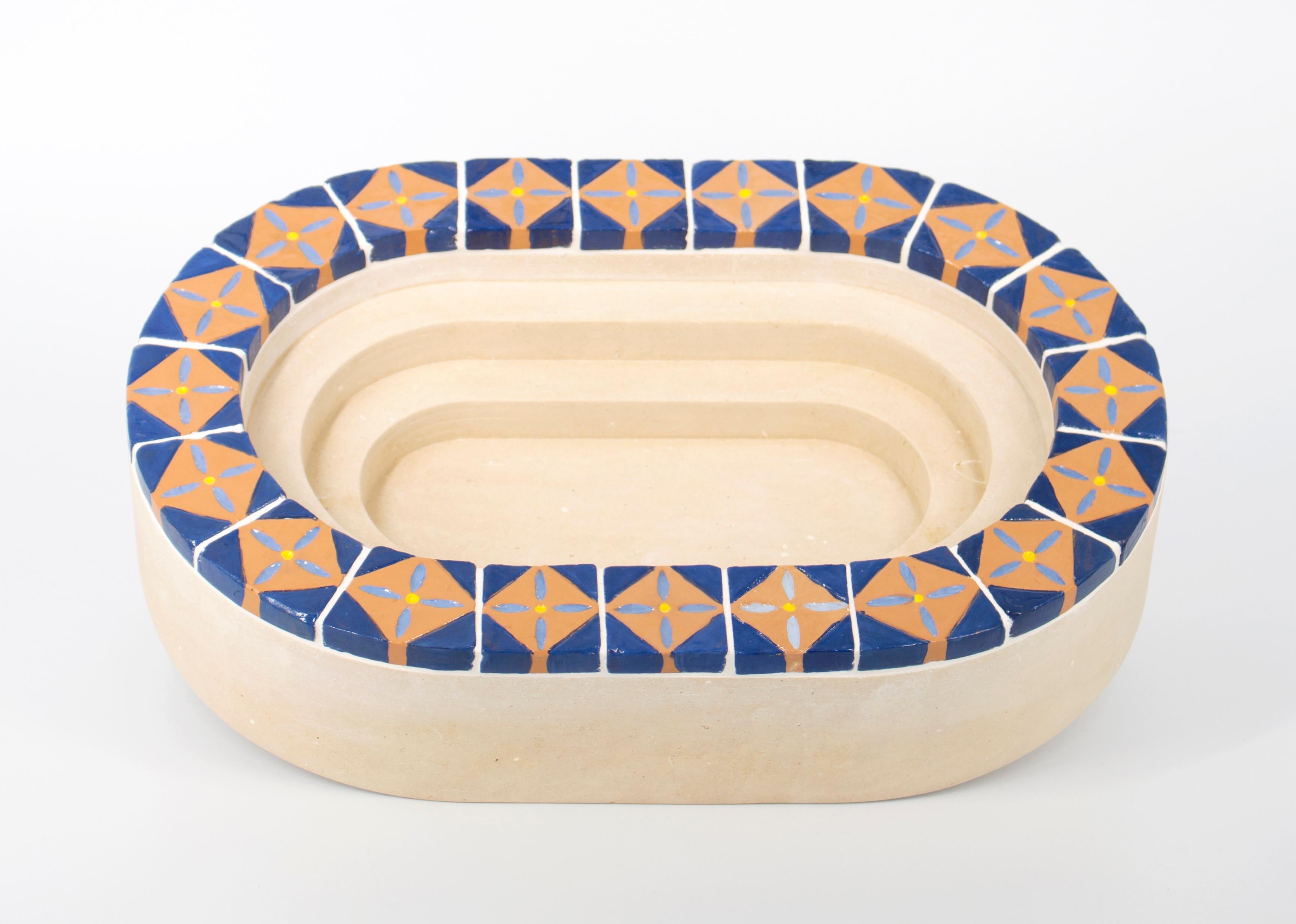 Modern Apollineo Arena Centerpiece in Leccese Stone and Hand-Painted Maiolica For Sale