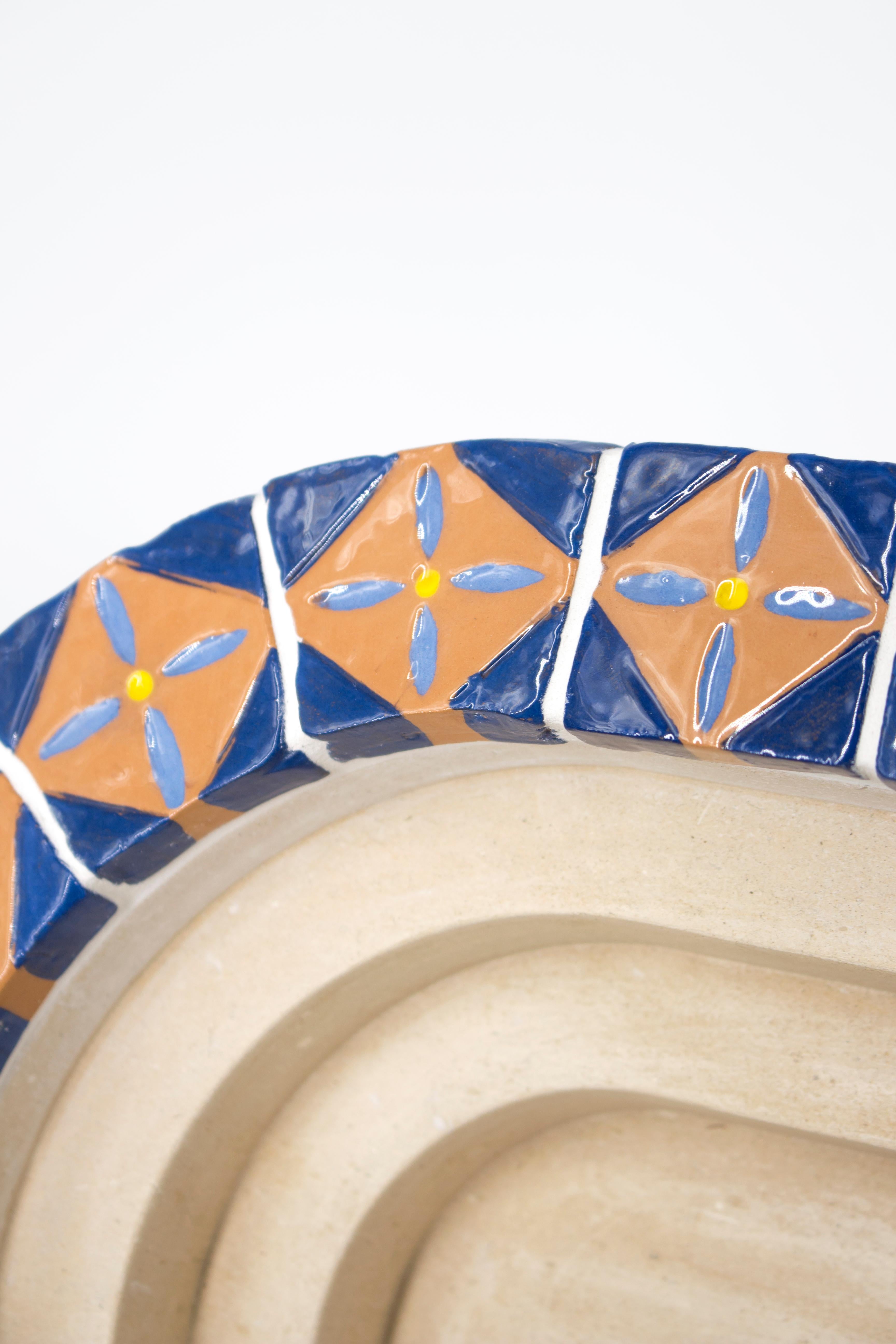 Hand-Crafted Apollineo Arena Centerpiece in Leccese Stone and Hand-Painted Maiolica For Sale