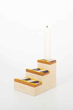 Apollineo Candle Stand in Leccese Stone and Hand-Painted Ceramic