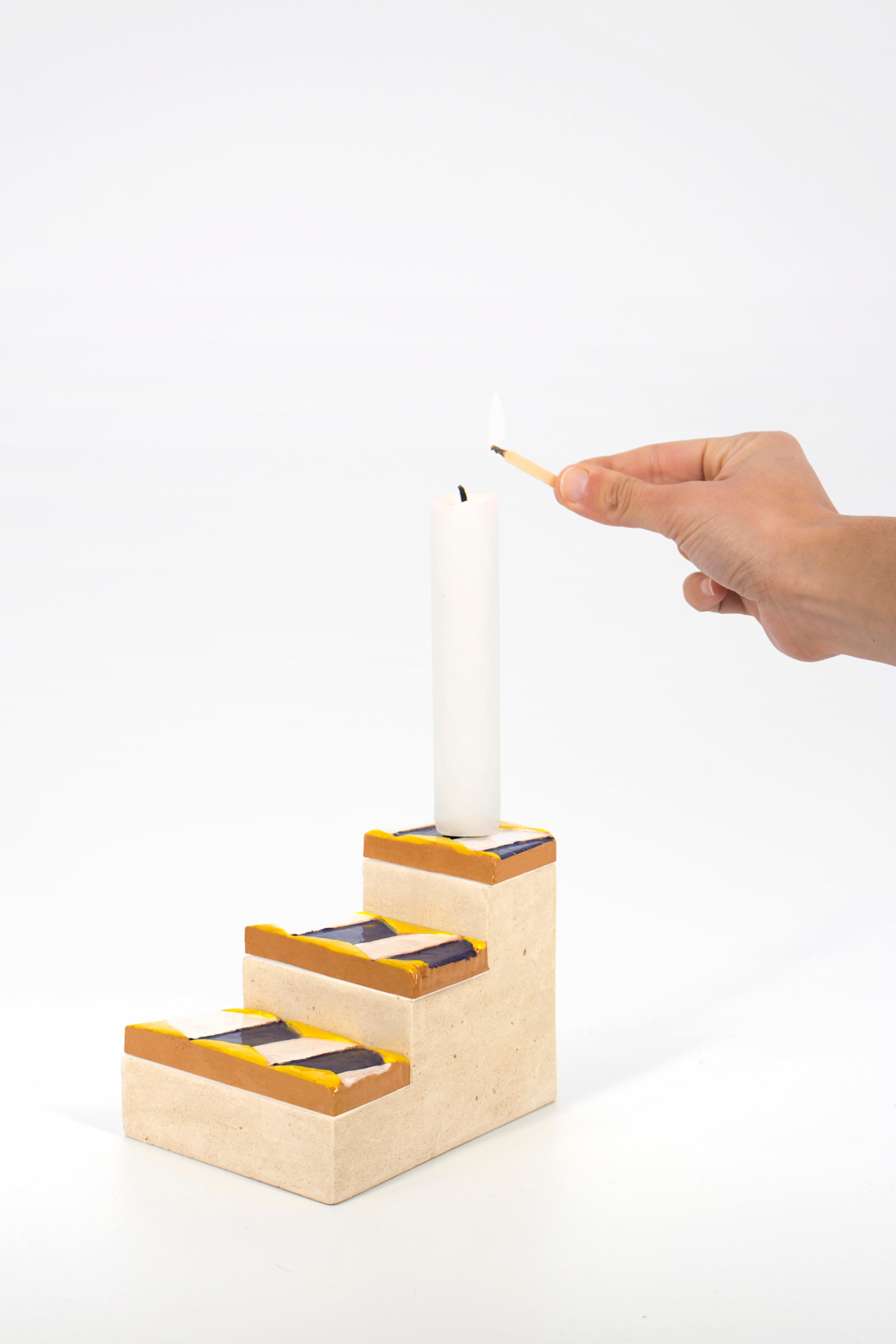 Modern Apollineo Candle Stand in Leccese Stone and Hand-Painted Ceramic For Sale