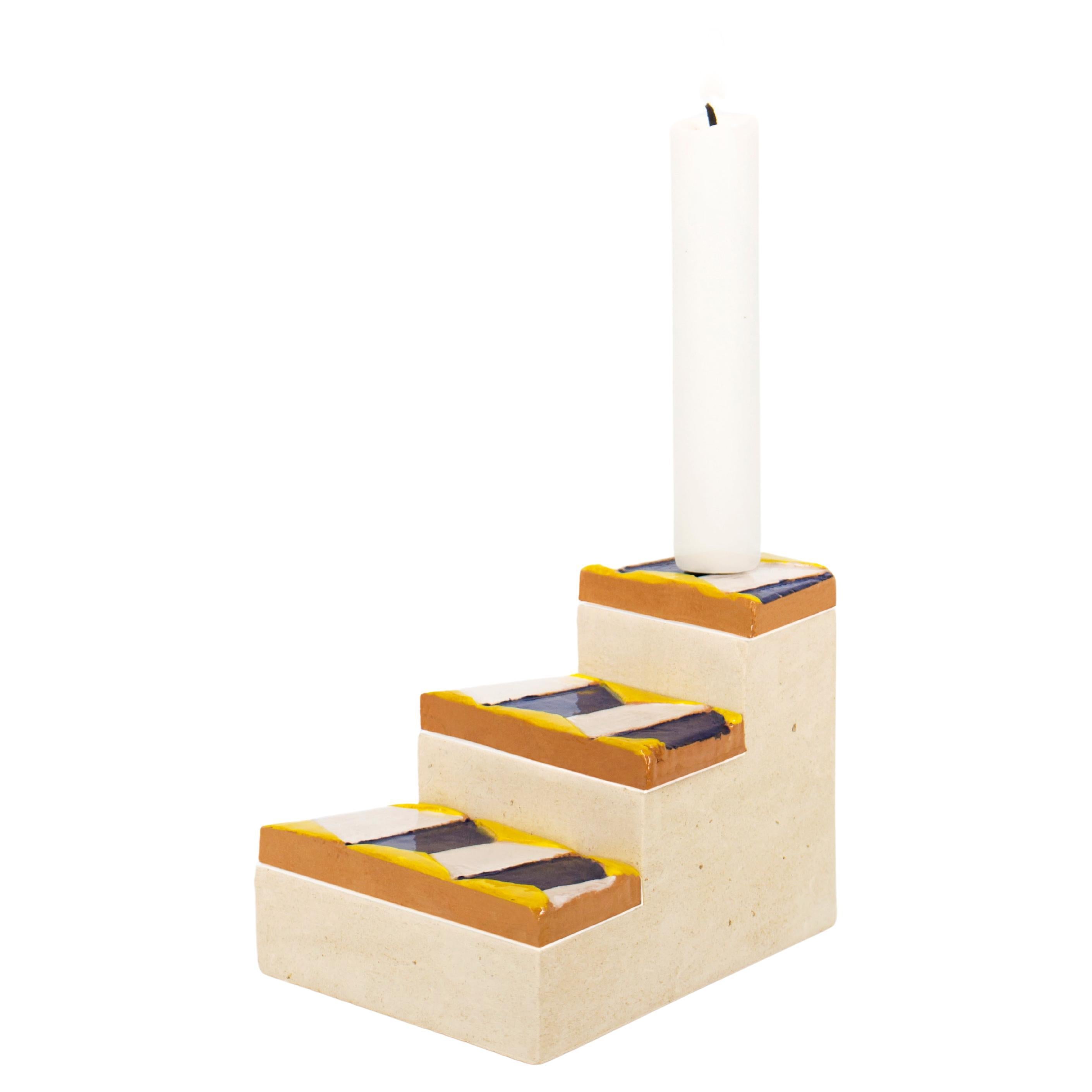 Apollineo Candle Stand in Leccese Stone and Hand-Painted Ceramic For Sale