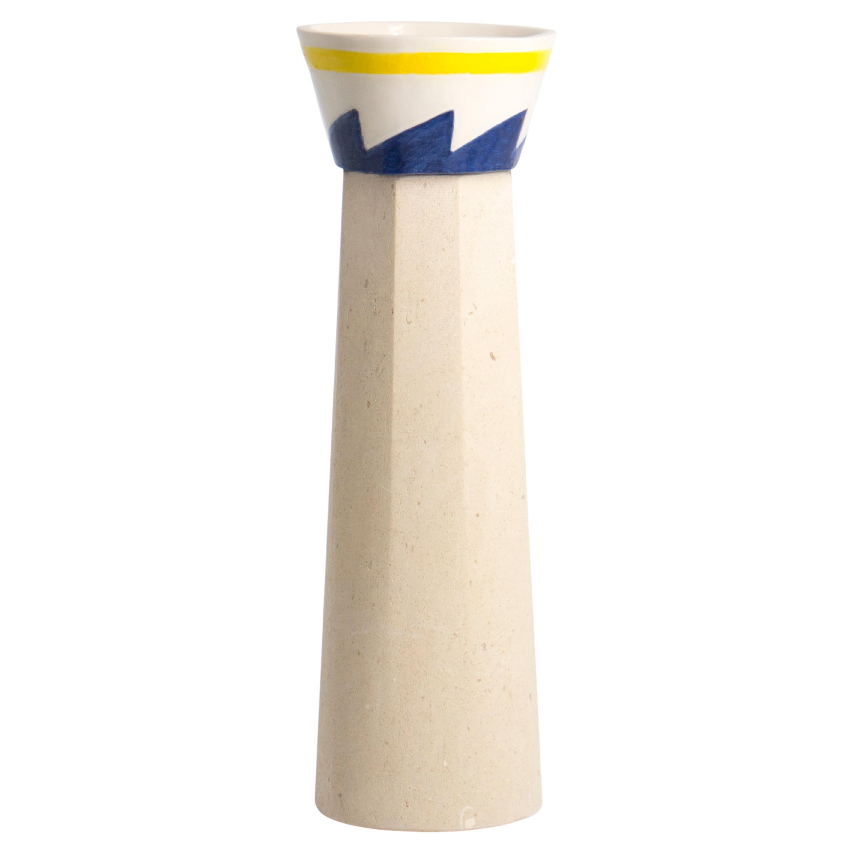 Apollineo Column Vase in Leccese Stone and Hand-Painted Ceramic For Sale
