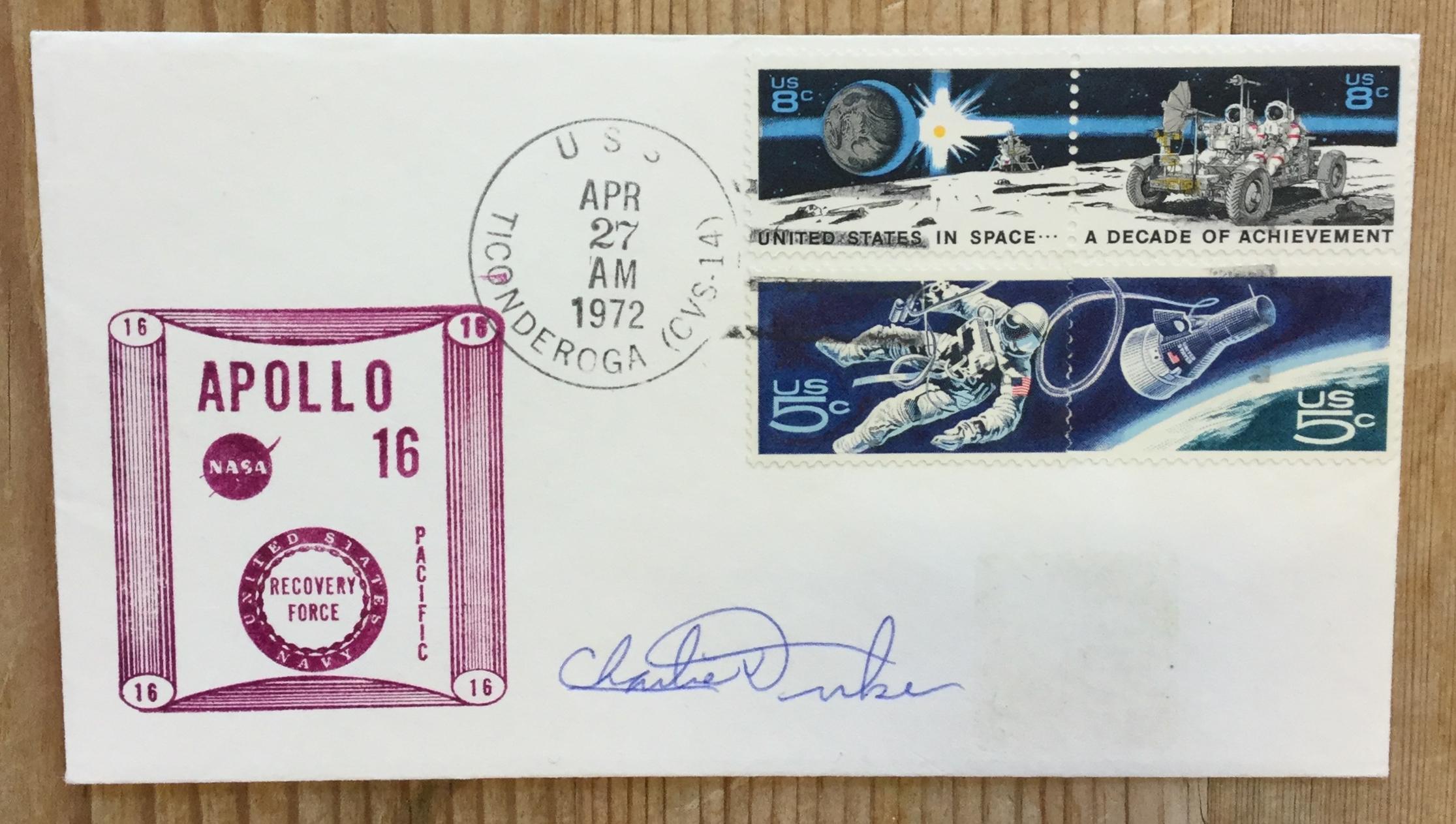 A Charlie Duke signed Apollo 16 recovery postal cover
Apollo 16 lunar module pilot Charlie Duke (1935-) is the 10th man to walk on the Moon and also the youngest, at 36 years and 201 days.

Signed attractively by Duke on the front in blue ink.