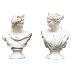 Antique Apollo and Diana Classical Parian Busts 