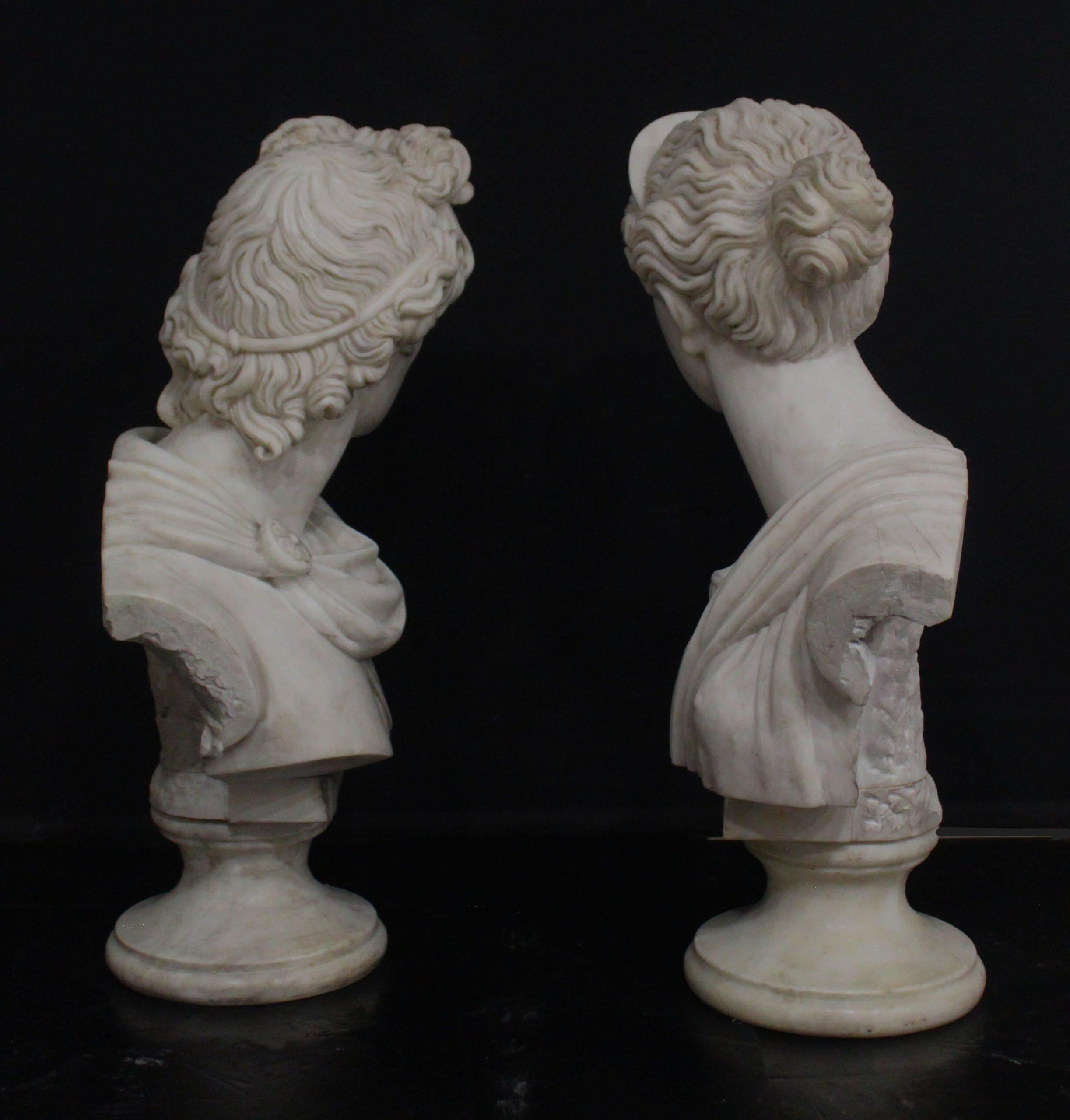 Italian Apollo and Diana, pair of large marble busts, statuary marble in vendita