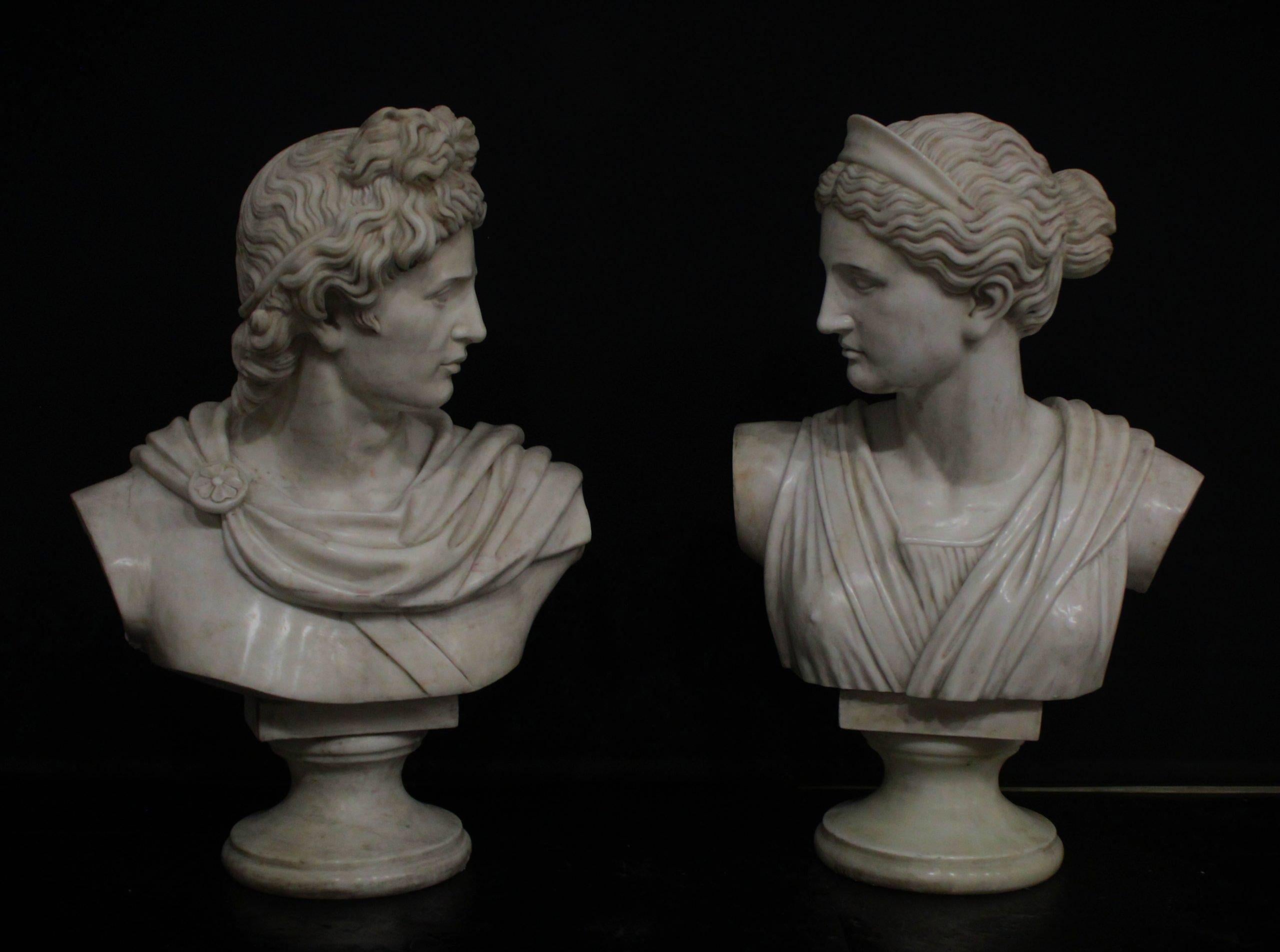 20th Century Apollo and Diana, pair of large marble busts, statuary marble in vendita