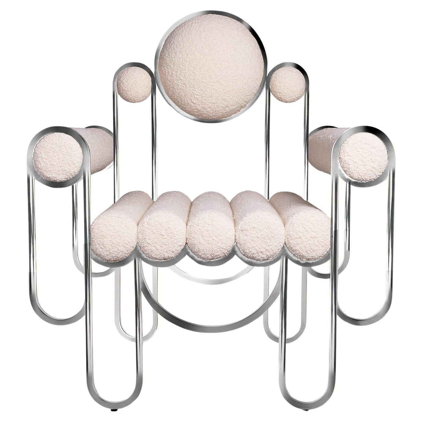 Fauteuil club Apollo, moderne, sculptural, cadre chromé et tissu bouclé crème