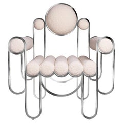 Apollo Armchair, Club Chair, Modern, Sculptural, Chrome Frame and Cream Boucle