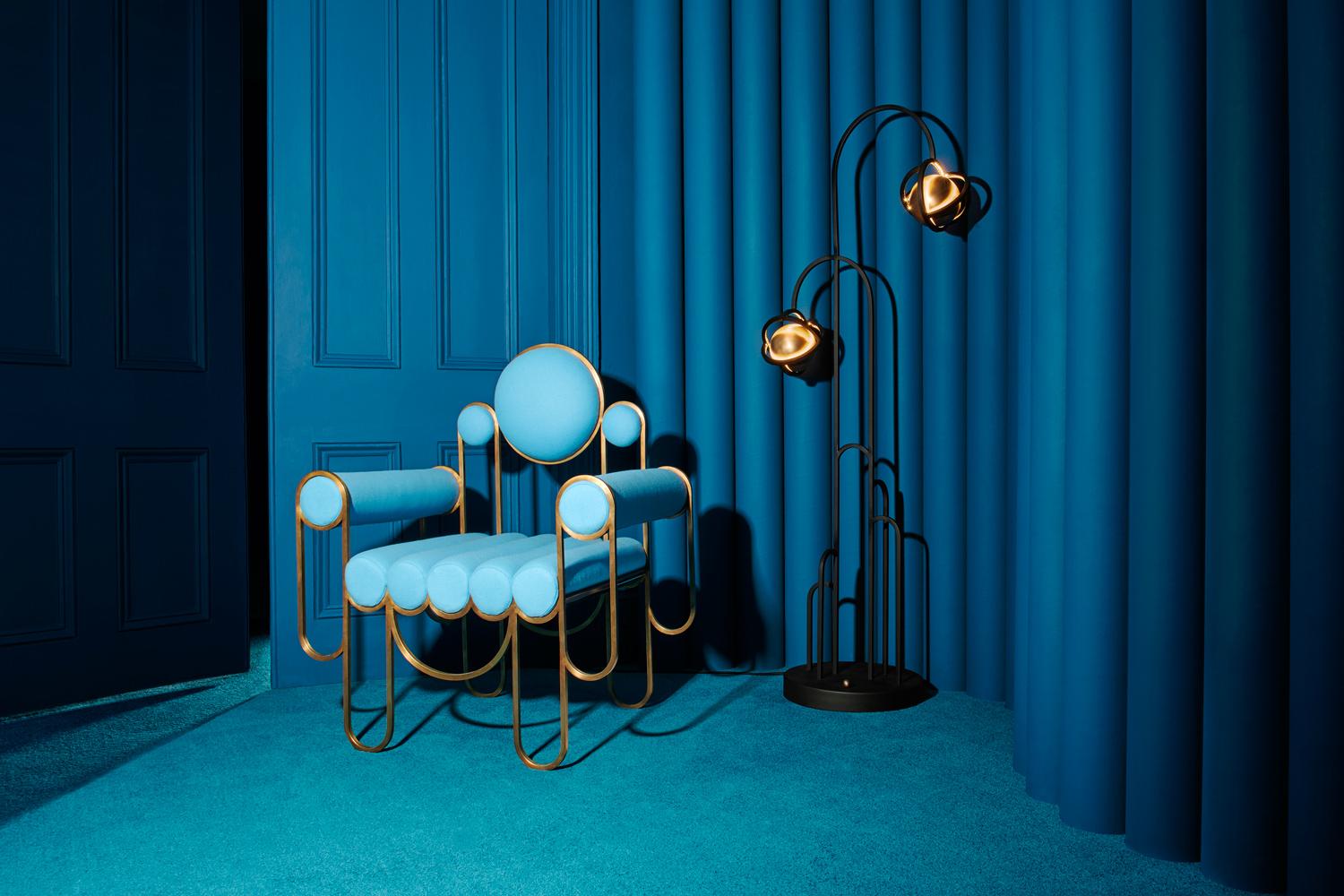 Contemporary Apollo Armchair, Club Chair, Modern, Sculptural, Brass Frame and Blue Wool For Sale