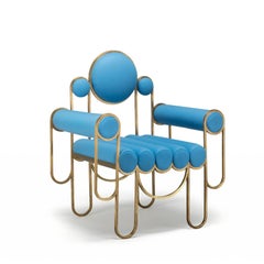 Apollo Armchair, Club Chair, Modern, Sculptural, Brass Frame and Blue Wool