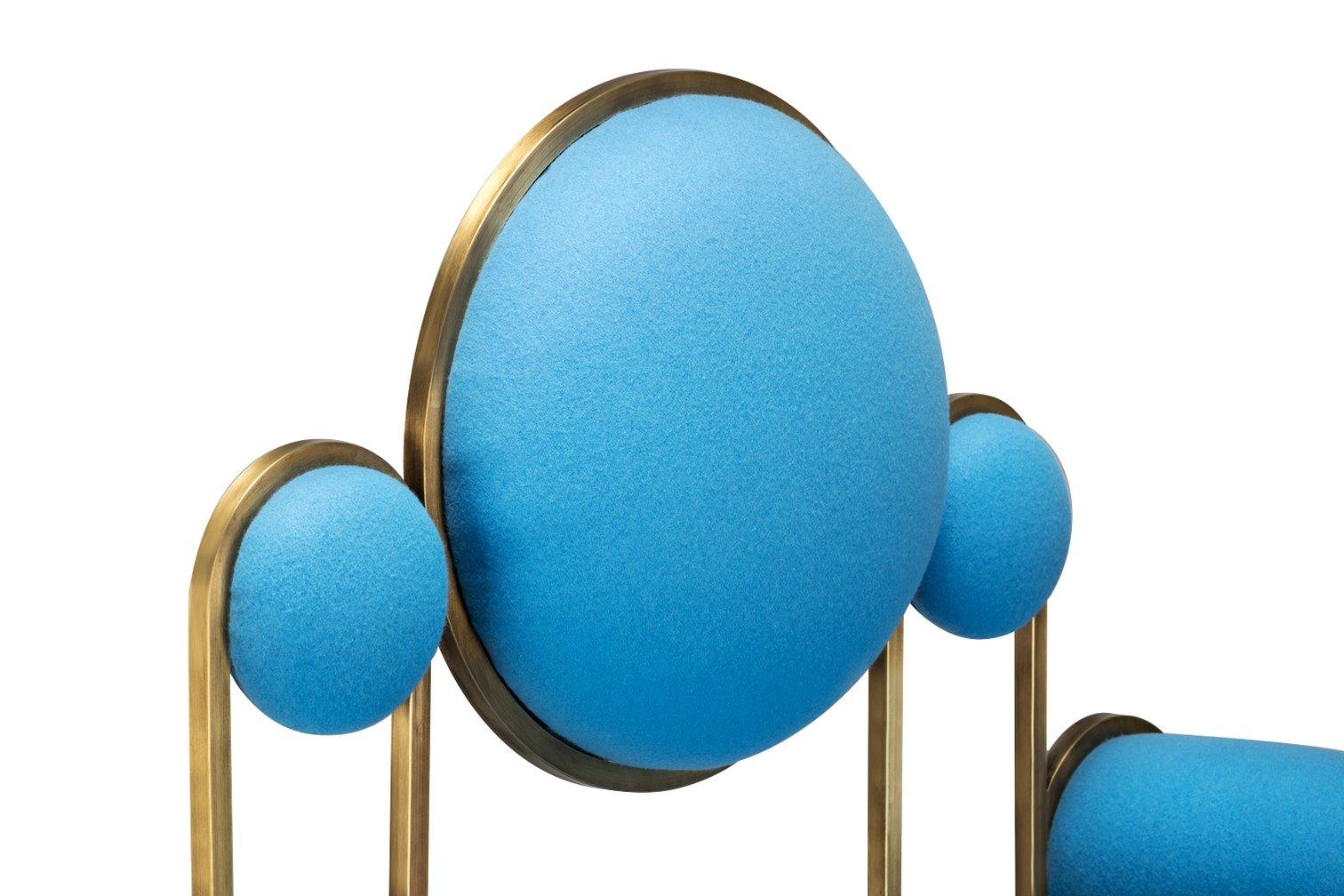 Portuguese Apollo Armchair, Club Chair, Modern, Sculptural, Brass Frame and Blue Wool For Sale