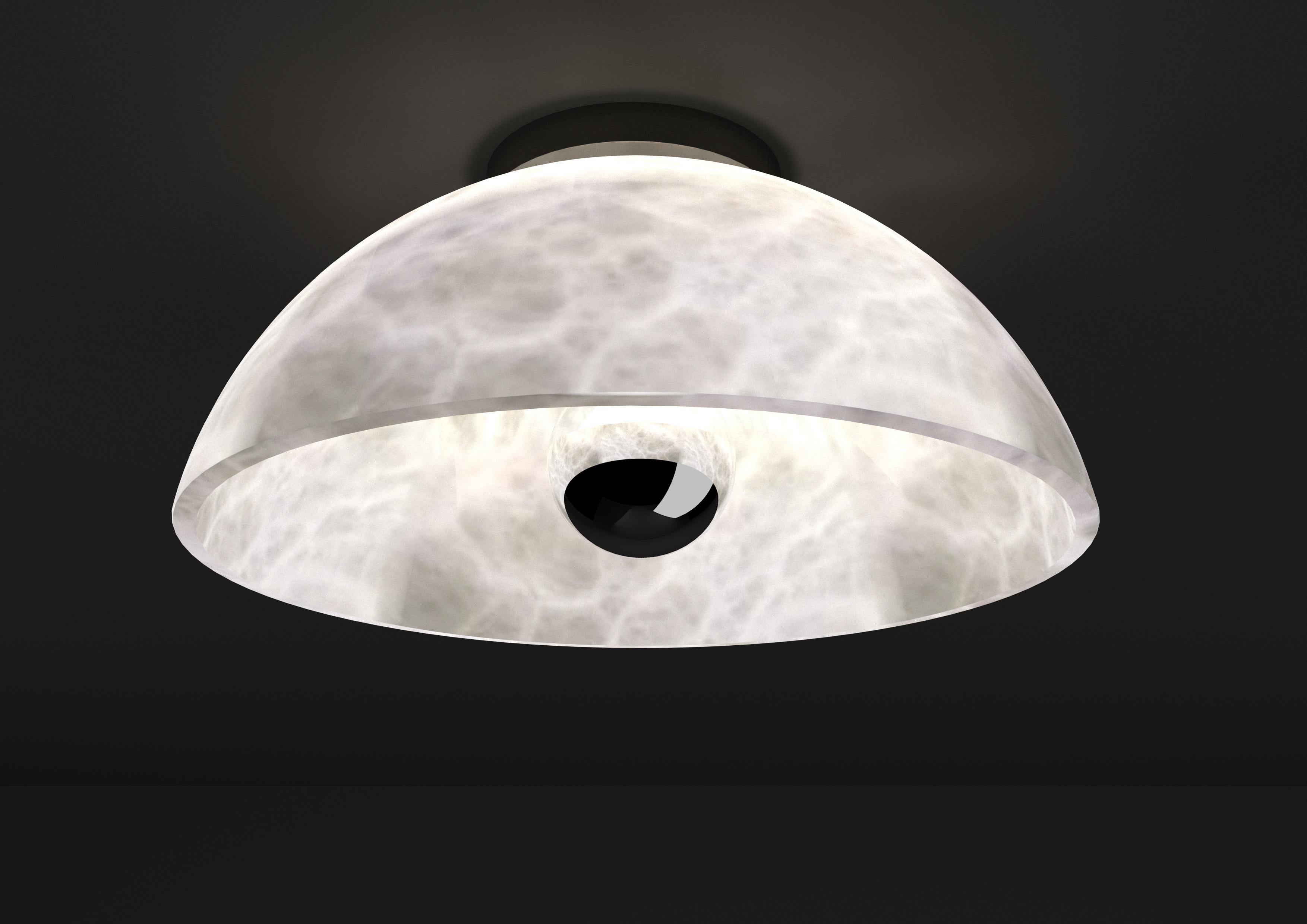 Apollo Brushed Metal Ceiling Lamp by Alabastro Italiano
Dimensions: Ø 30 x W 17,5 cm.
Materials: White alabaster and metal.

Available in different finishes: Shiny Silver, Bronze, Brushed Brass, Ruggine of Florence, Brushed Burnished, Shiny Gold,