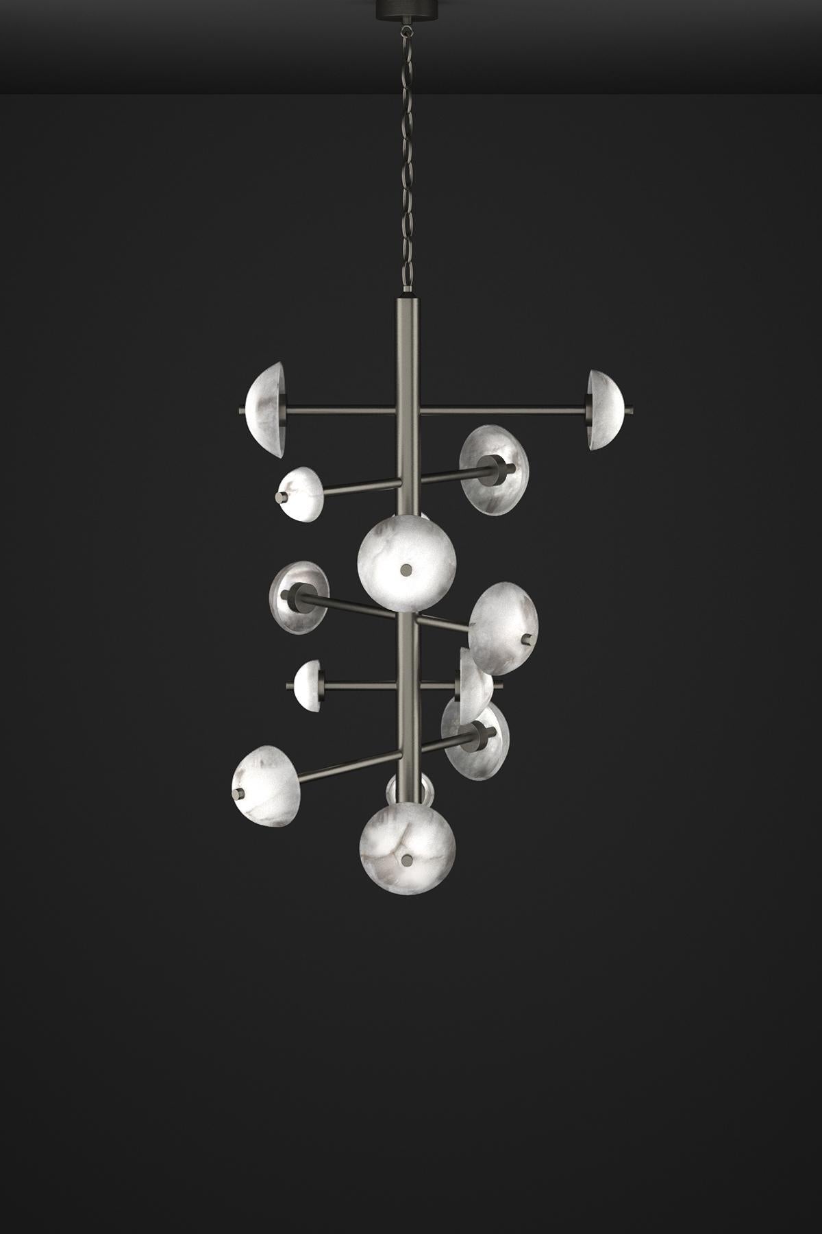 Apollo Brushed Black Metal Chandelier by Alabastro Italiano
Dimensions: D 70,5 x W 55 x H 111 cm.
Materials: White alabaster and metal.

Available in different finishes: Shiny Silver, Bronze, Brushed Brass, Ruggine of Florence, Brushed Burnished,