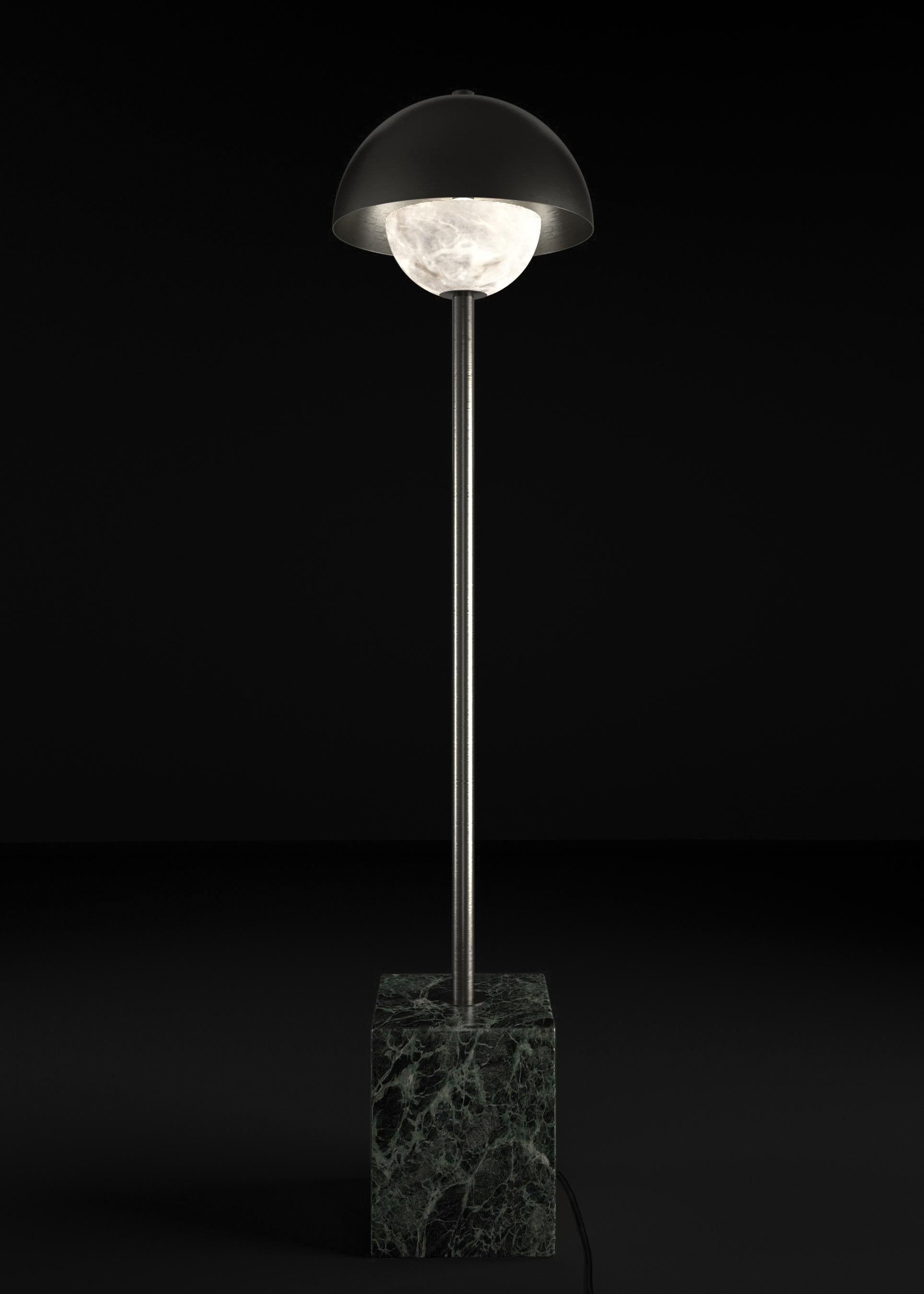 Apollo Brushed Black Metal Floor Lamp by Alabastro Italiano
Dimensions: D 30 x W 30 x H 130 cm.
Materials: White alabaster, Nero Marquinia marble, black silk cables and metal.

Available in different finishes: Shiny Silver, Bronze, Brushed Brass,