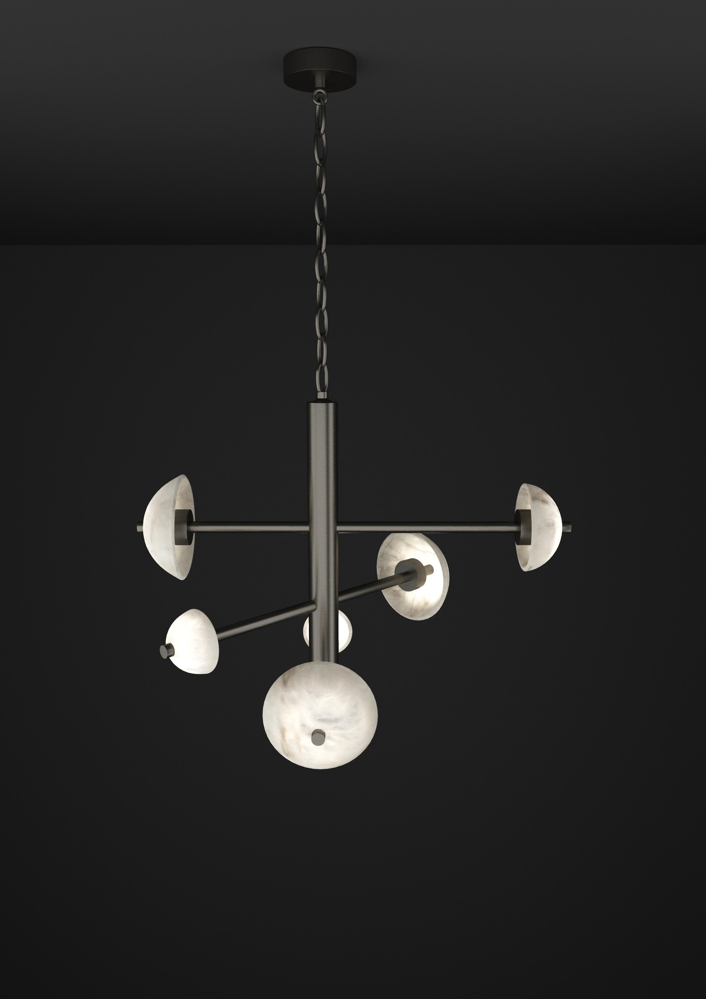 Apollo Brushed Black Metal Pendant Lamp by Alabastro Italiano
Dimensions: D 70,5 x W 54 x H 64 cm.
Materials: White alabaster and metal.

Available in different finishes: Shiny Silver, Bronze, Brushed Brass, Ruggine of Florence, Brushed Burnished,