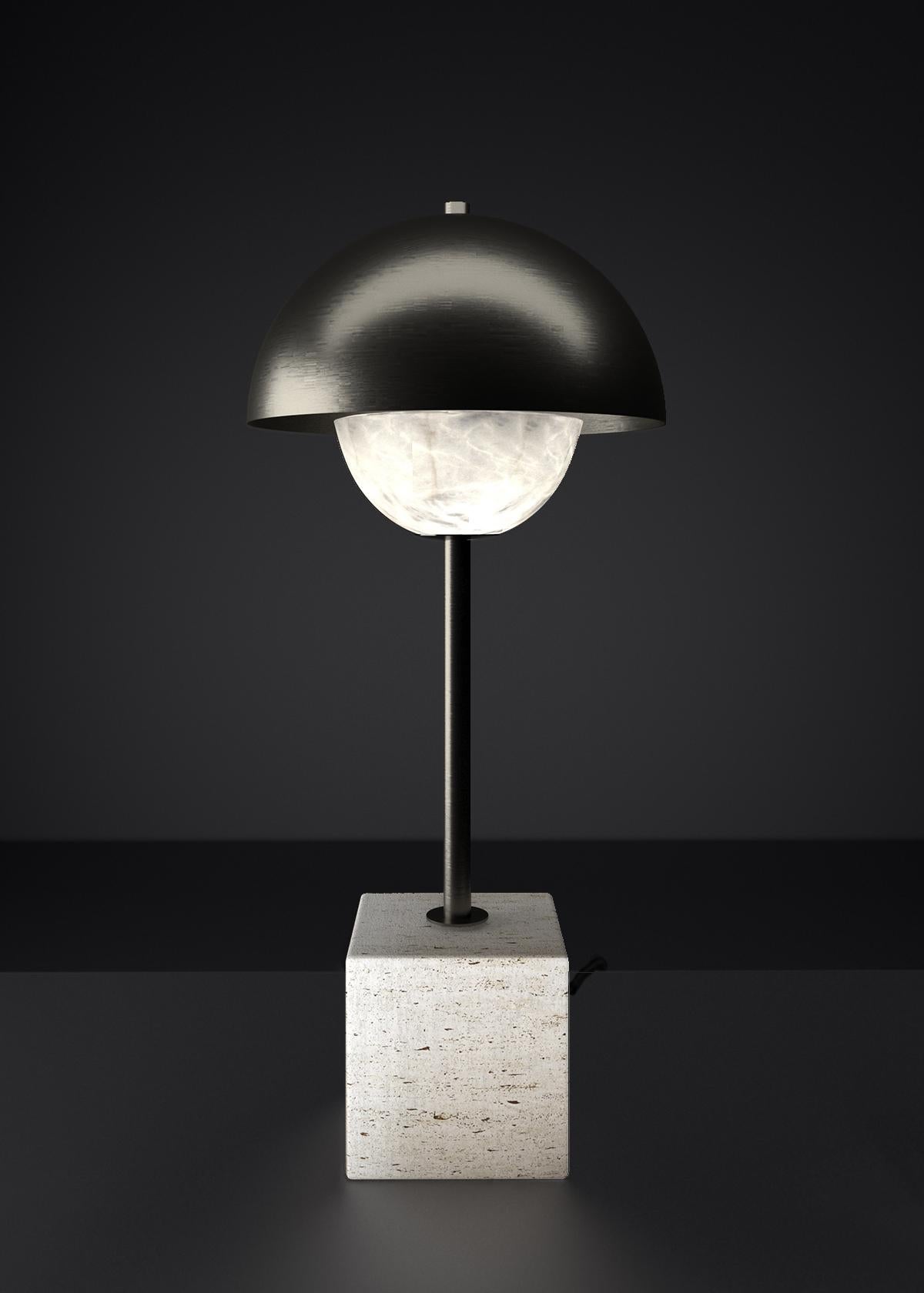 Apollo Brushed Black Metal Table Lamp by Alabastro Italiano
Dimensions: D 30 x W 30 x H 74 cm.
Materials: White alabaster, Marble, black silk cables and bronze.

Available in different finishes: Shiny Silver, Bronze, Brushed Brass, Ruggine of