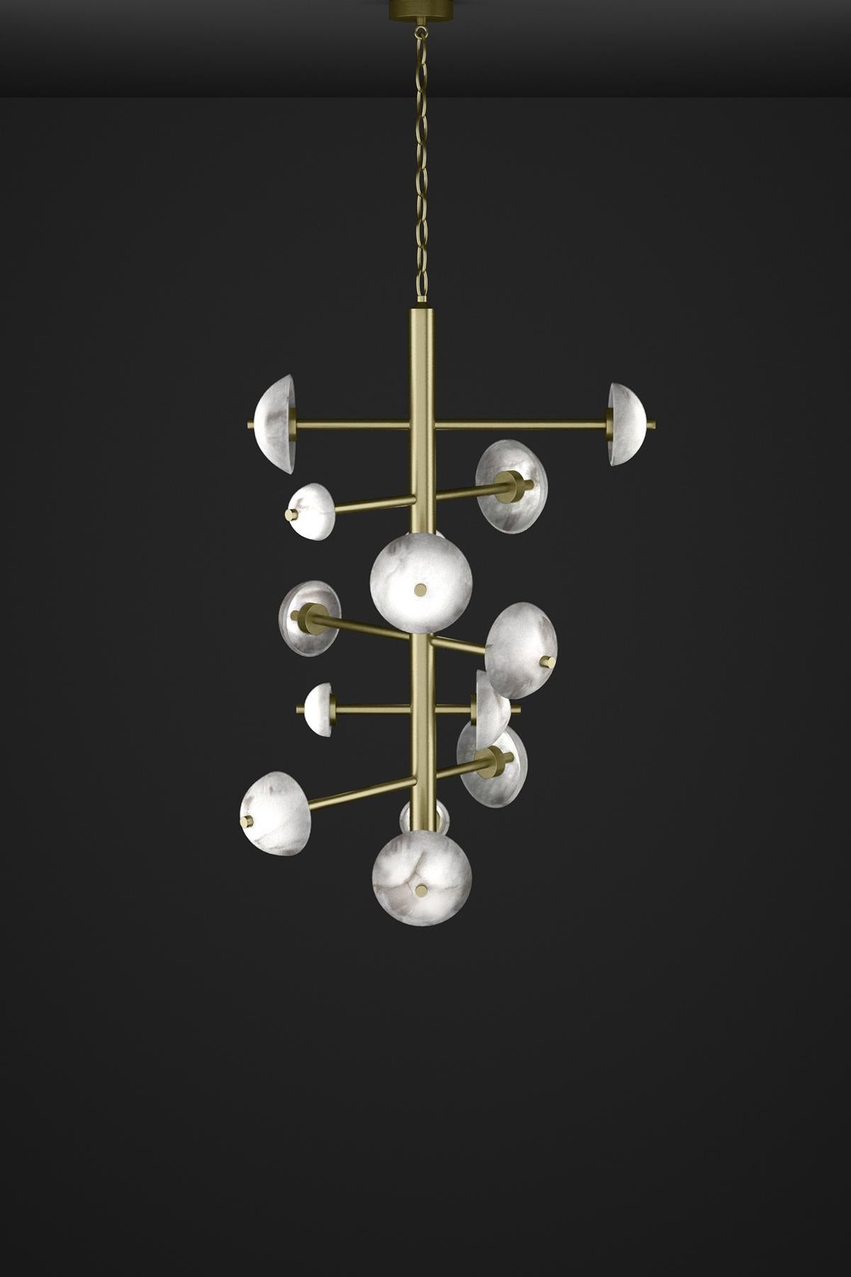 Apollo Brushed Brass Chandelier by Alabastro Italiano
Dimensions: D 70,5 x W 55 x H 111 cm.
Materials: White alabaster and brushed brass.

Available in different finishes: Shiny Silver, Bronze, Brushed Brass, Ruggine of Florence, Brushed Burnished,