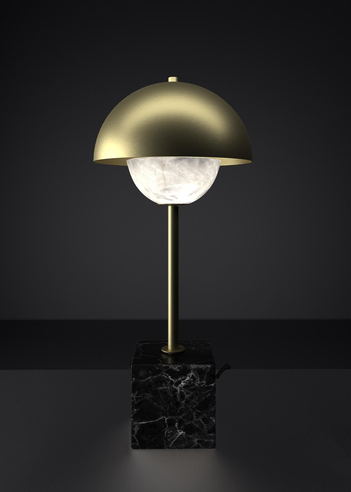 Apollo Brushed Brass Table Lamp by Alabastro Italiano
Dimensions: D 30 x W 30 x H 74 cm.
Materials: White alabaster, Nero Marquinia marble, black silk cables and brushed brass.

Available in different finishes: Shiny Silver, Bronze, Brushed Brass,