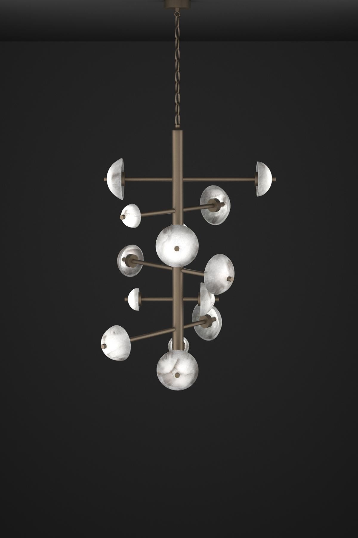 Apollo Brushed Burnished Metal Chandelier by Alabastro Italiano
Dimensions: D 70,5 x W 55 x H 111 cm.
Materials: White alabaster and metal.

Available in different finishes: Shiny Silver, Bronze, Brushed Brass, Ruggine of Florence, Brushed