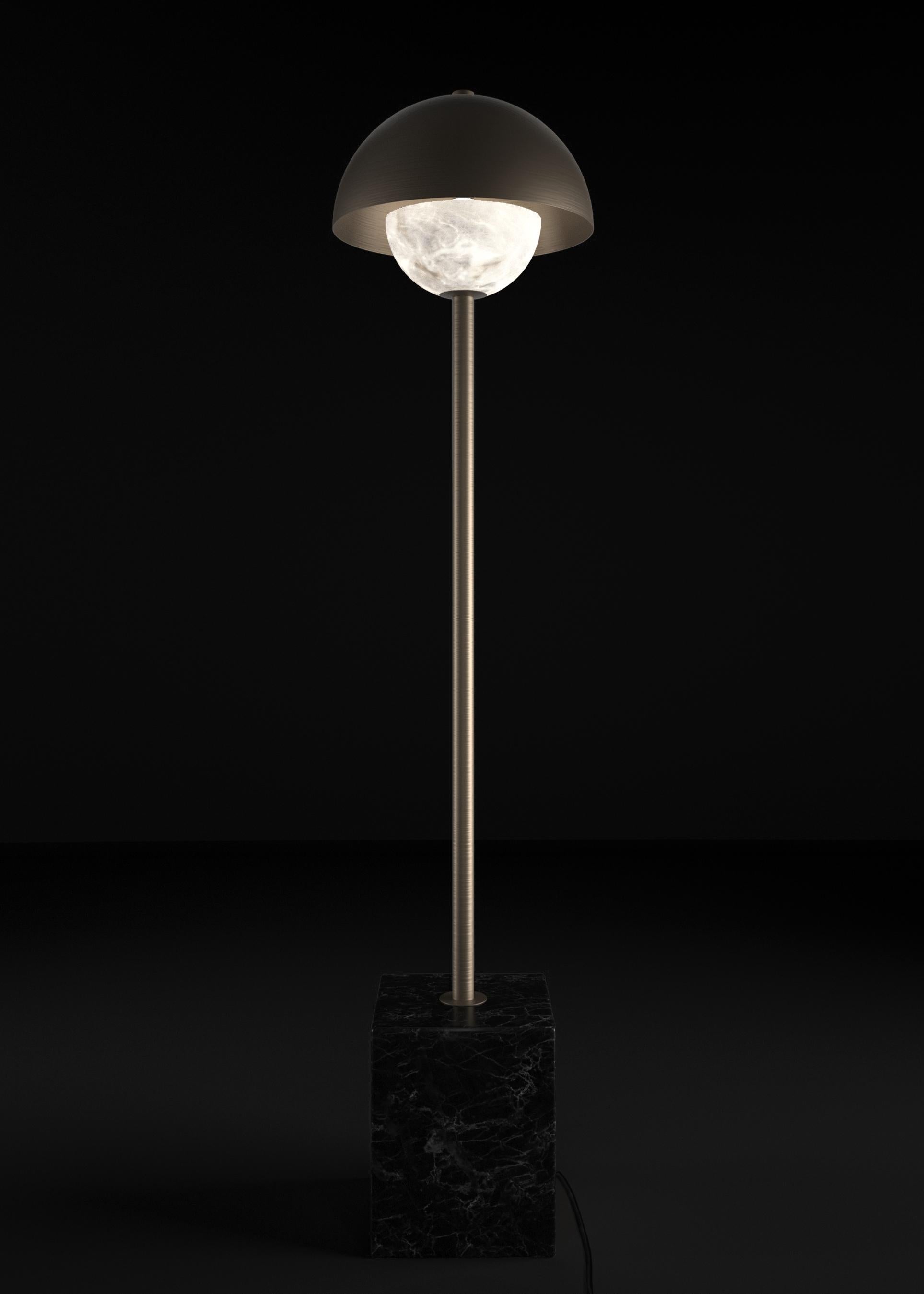 Apollo Brushed Burnished Metal Floor Lamp by Alabastro Italiano
Dimensions: D 30 x W 30 x H 130 cm.
Materials: White alabaster, Nero Marquinia marble, black silk cables and metal.

Available in different finishes: Shiny Silver, Bronze, Brushed