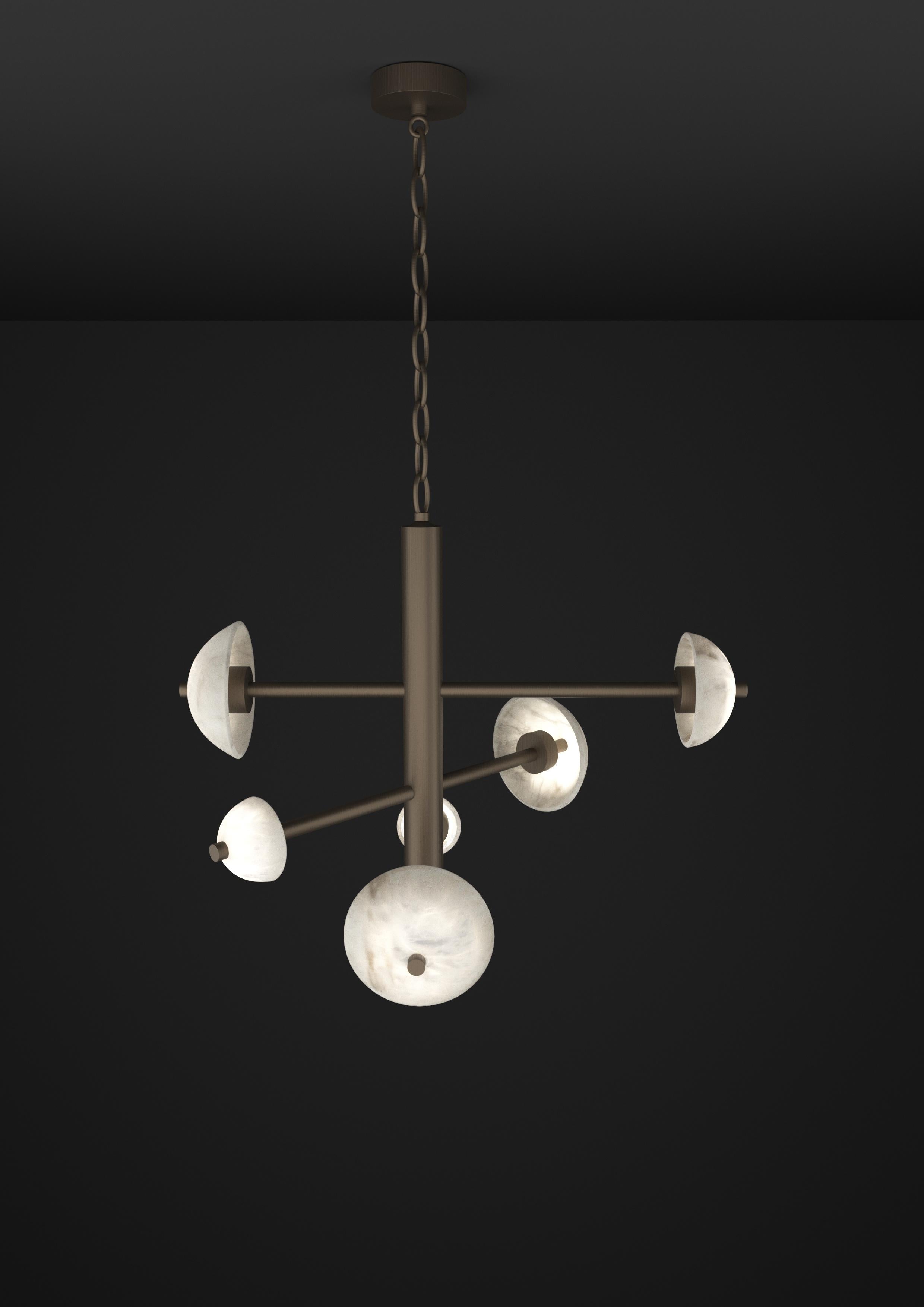 Apollo Brushed Burnished Metal Pendant Lamp by Alabastro Italiano
Dimensions: D 70,5 x W 54 x H 64 cm.
Materials: White alabaster and metal.

Available in different finishes: Shiny Silver, Bronze, Brushed Brass, Ruggine of Florence, Brushed
