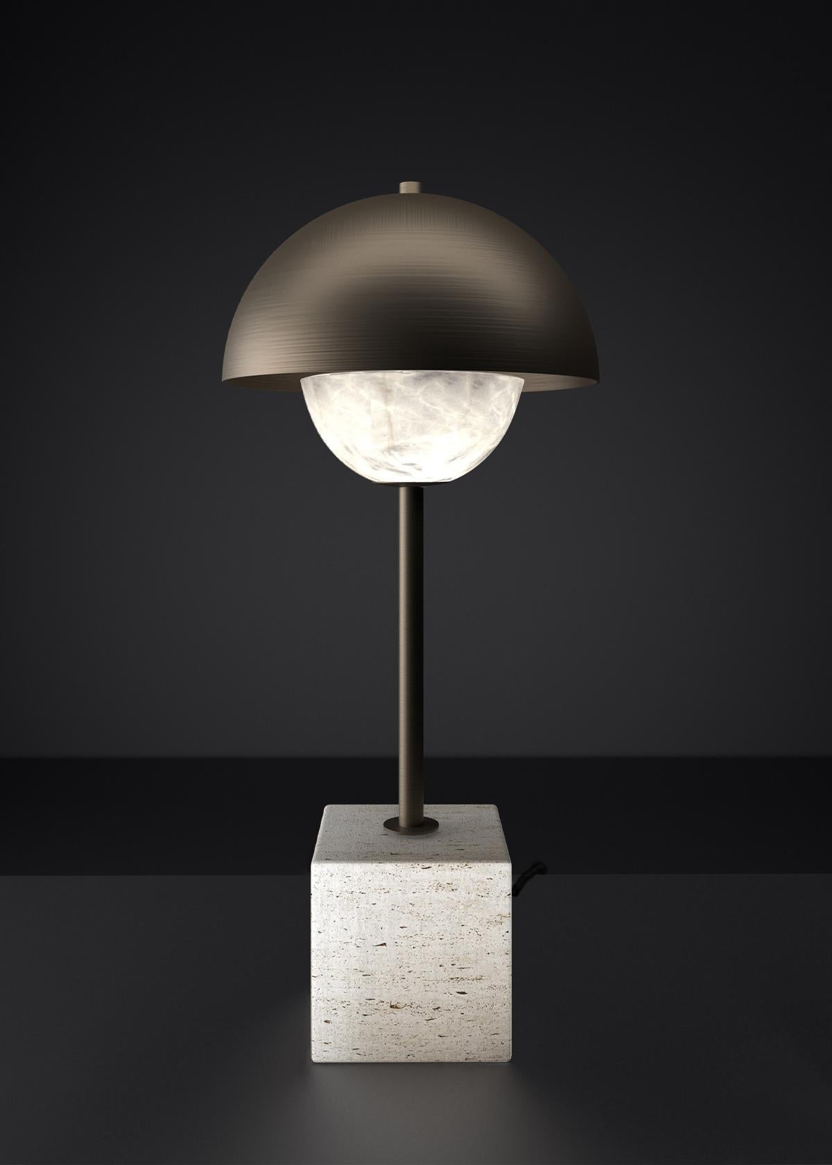 Apollo Brushed Burnished Metal Table Lamp by Alabastro Italiano
Dimensions: D 30 x W 30 x H 74 cm.
Materials: White alabaster, Marble, black silk cables and bronze.

Available in different finishes: Shiny Silver, Bronze, Brushed Brass, Ruggine of