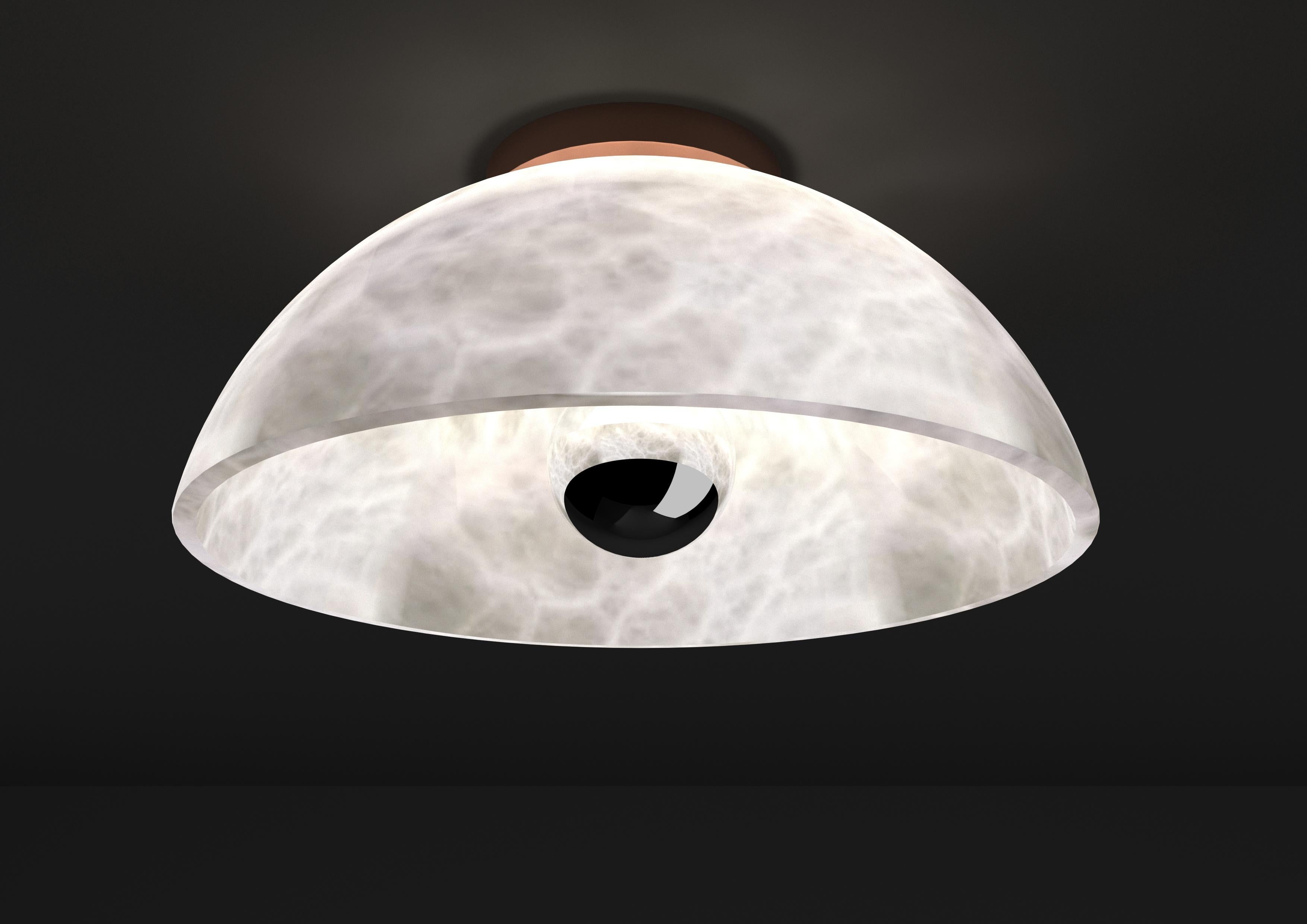Apollo Copper Ceiling Lamp by Alabastro Italiano
Dimensions: Ø 30 x W 17,5 cm.
Materials: White alabaster and copper.

Available in different finishes: Shiny Silver, Bronze, Brushed Brass, Ruggine of Florence, Brushed Burnished, Shiny Gold, Brushed