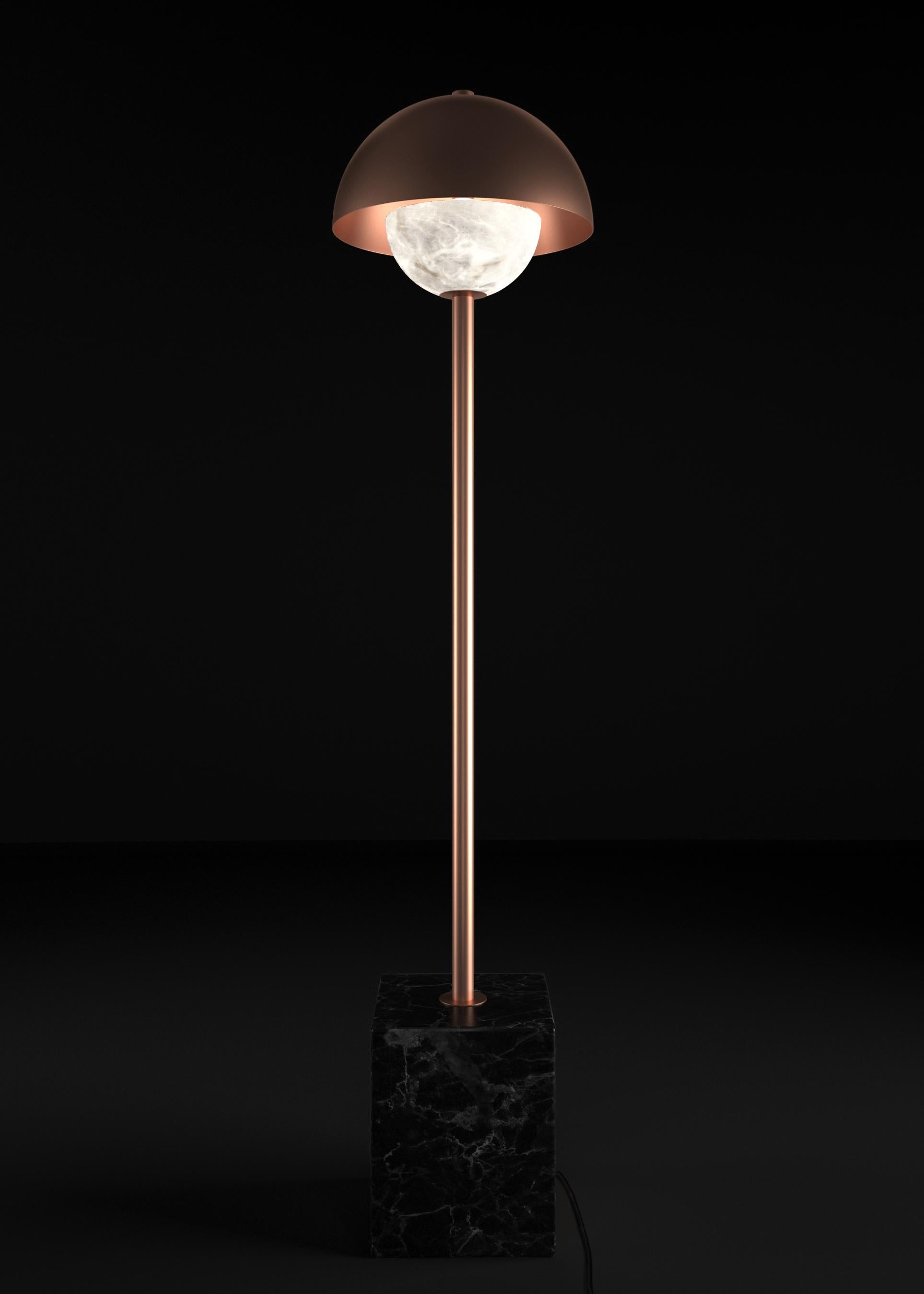 Apollo Copper Floor Lamp by Alabastro Italiano
Dimensions: D 30 x W 30 x H 130 cm.
Materials: White alabaster, Nero Marquinia marble, black silk cables and copper.

Available in different finishes: Shiny Silver, Bronze, Brushed Brass, Ruggine of