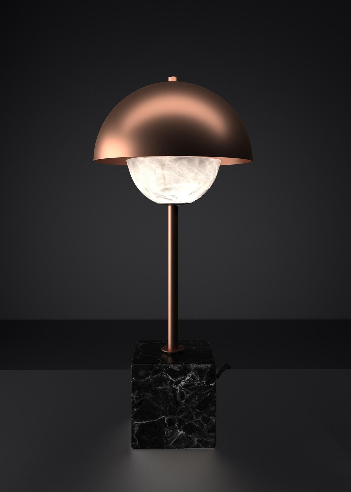 Apollo Copper Table Lamp by Alabastro Italiano
Dimensions: D 30 x W 30 x H 74 cm.
Materials: White alabaster, Nero Marquinia marble, black silk cables and copper.

Available in different finishes: Shiny Silver, Bronze, Brushed Brass, Ruggine of